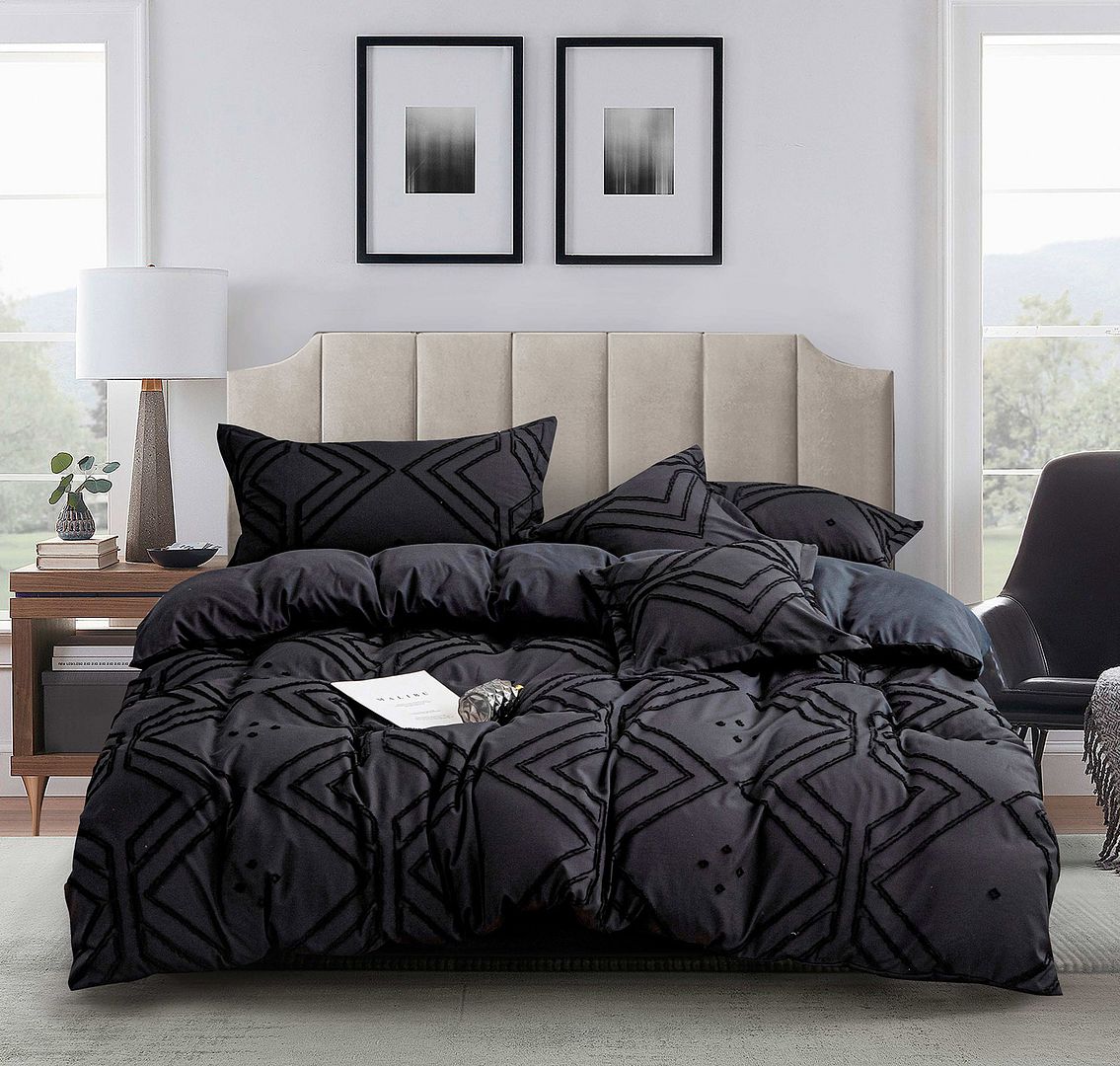 V493-JW-05-SK-88106-00 Tufted Textured Jacquard Super King Size Black Duvet Quilt Cover Set - Image 1