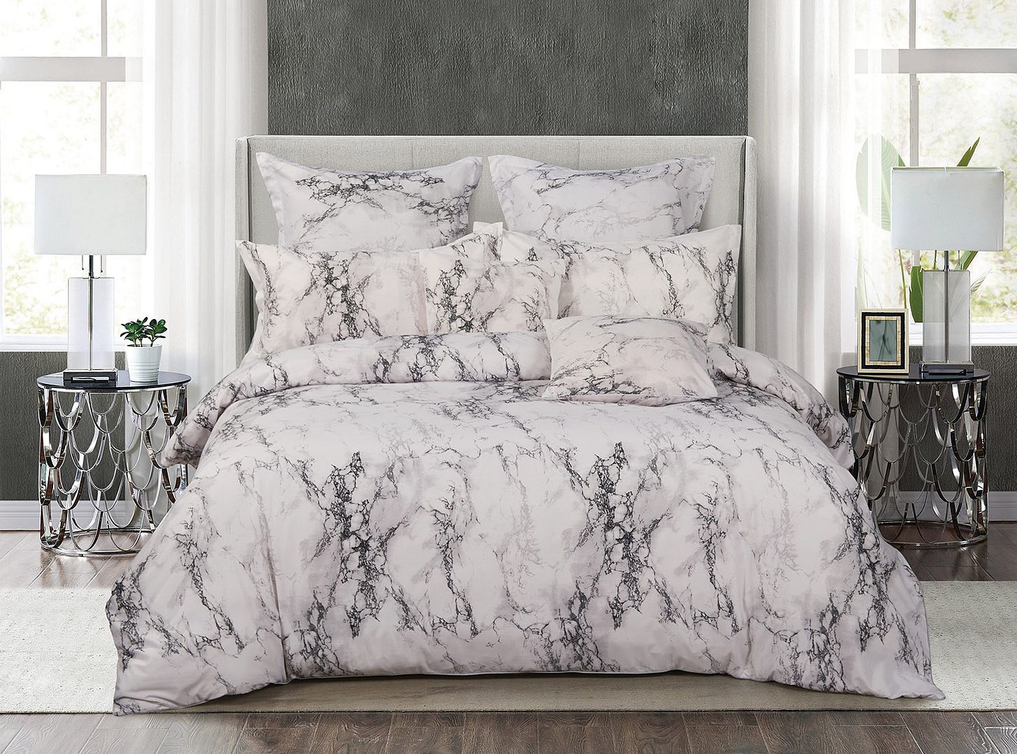 V493-MD-404-87640-00 White Marble Double Size Duvet Quilt Cover Set - Image 1