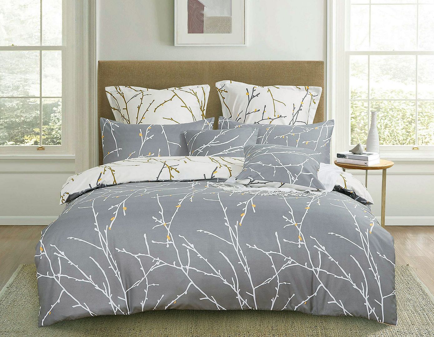 V493-MK-410-87634-00 Tree Reversible King Size Grey Duvet Quilt Cover Set - Image 1