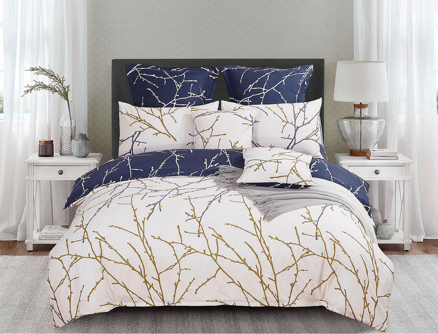 V493-MQ-413-88233-00 Tree Reversible Queen Size Bed Quilt/Duvet Cover Set Beige - Image 1