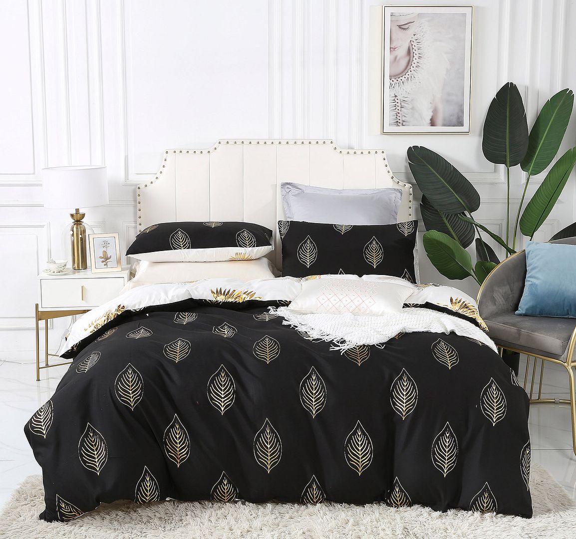 V493-MQ-462A-88091-00 Reversible Design Queen Size Black Gold Duvet Quilt Cover Set - Image 1