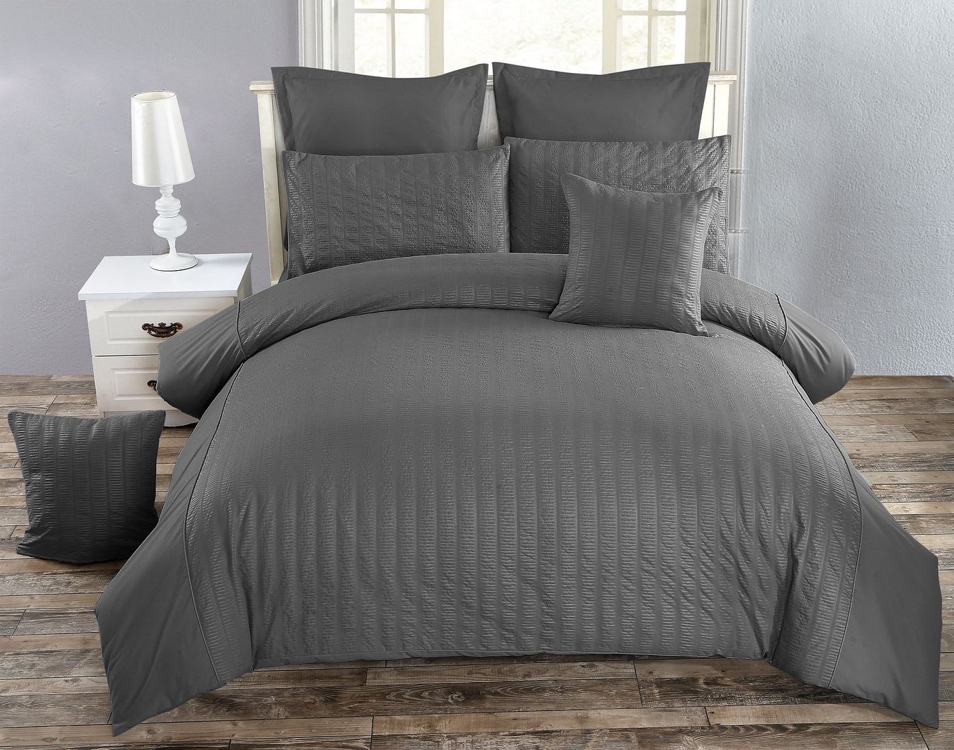 V493-PAD-11-88040-00 Seersucker Double Size Charcoal Duvet Quilt Cover Set - Image 1