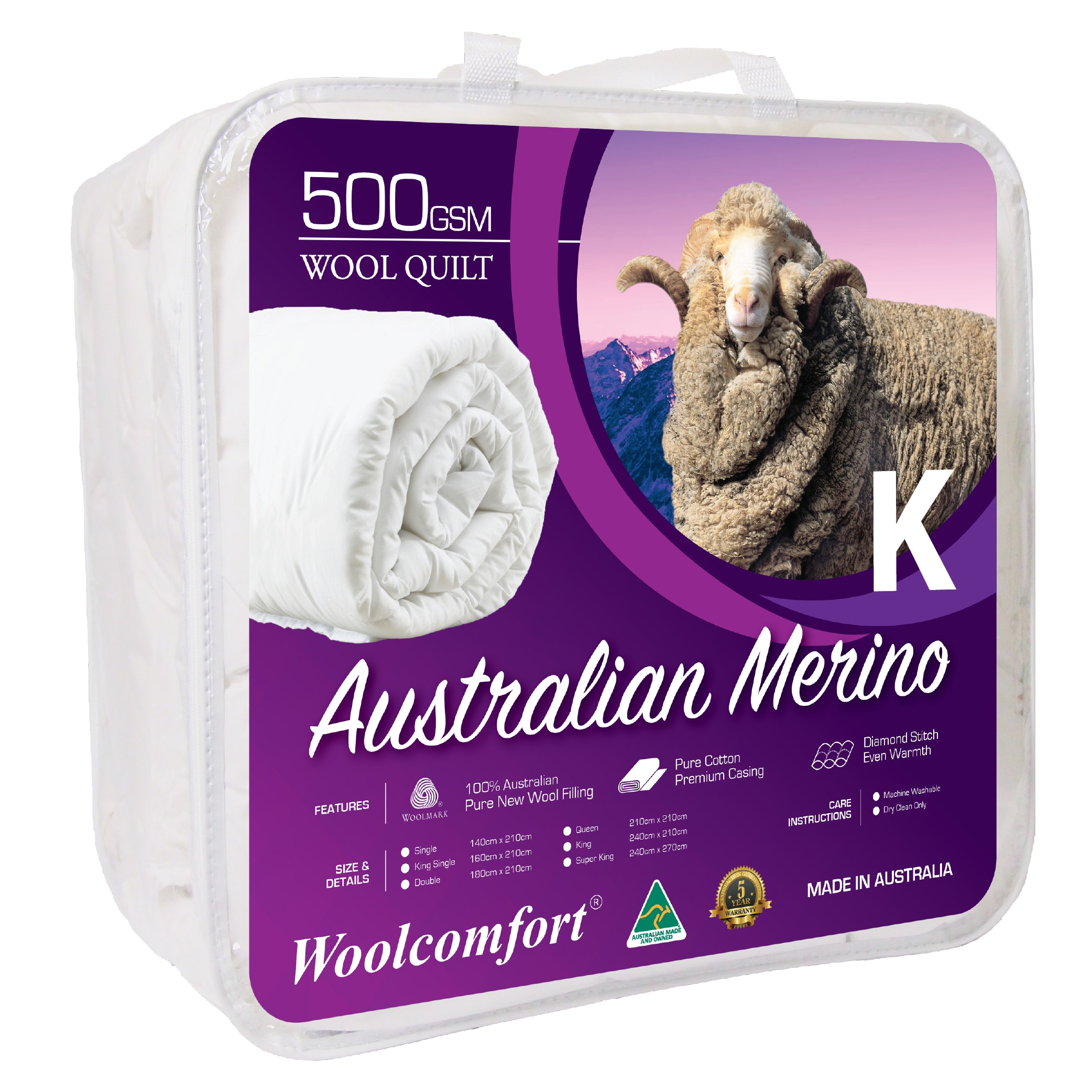 V535-JAPARA-WQ-500G-K-90028-00 Woolcomfort Aus Made Merino Wool Quilt 500GSM 240x210cm King Size - Image 1