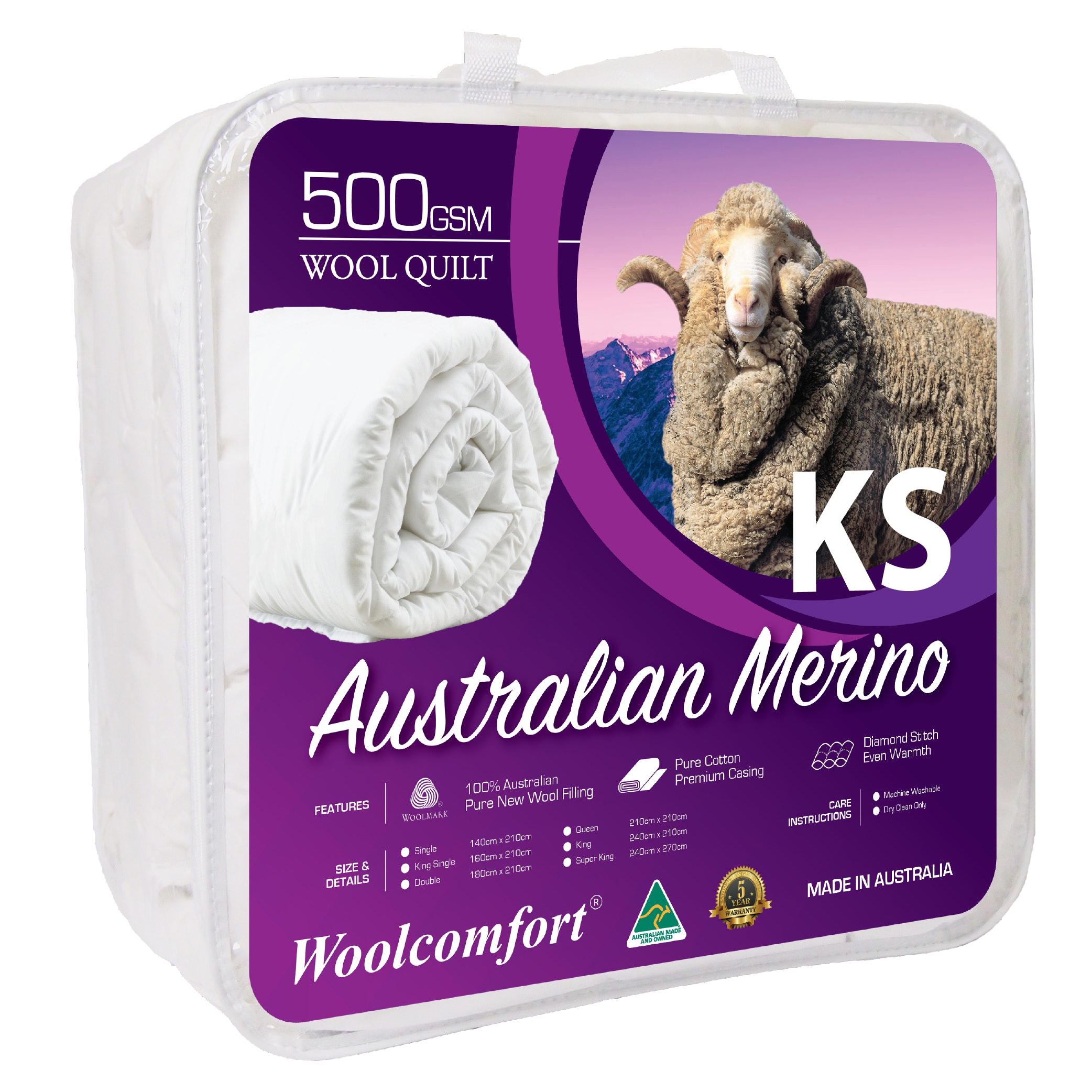 V535-JAPARA-WQ-500G-KS-90031-00 Woolcomfort Aus Made Merino Wool Quilt 500GSM 160x210cm King Single Size - Image 1
