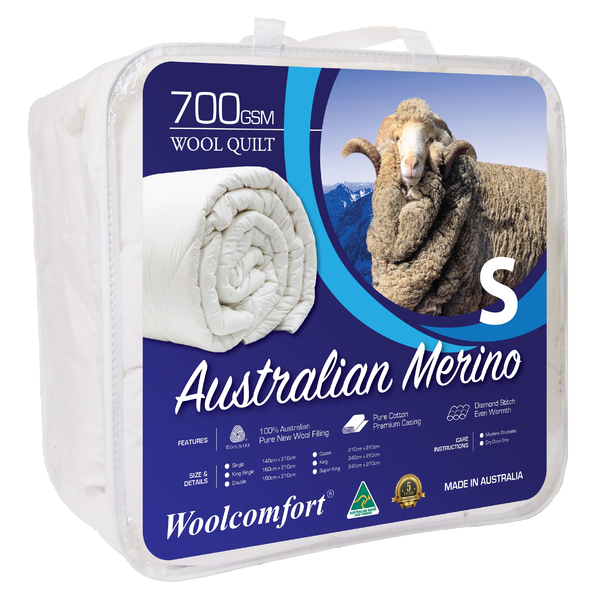 V535-JAPARA-WQ-700G-S-90026-00 Woolcomfort Aus Made Merino Wool Quilt 700GSM 140x210cm Single Size - Image 1