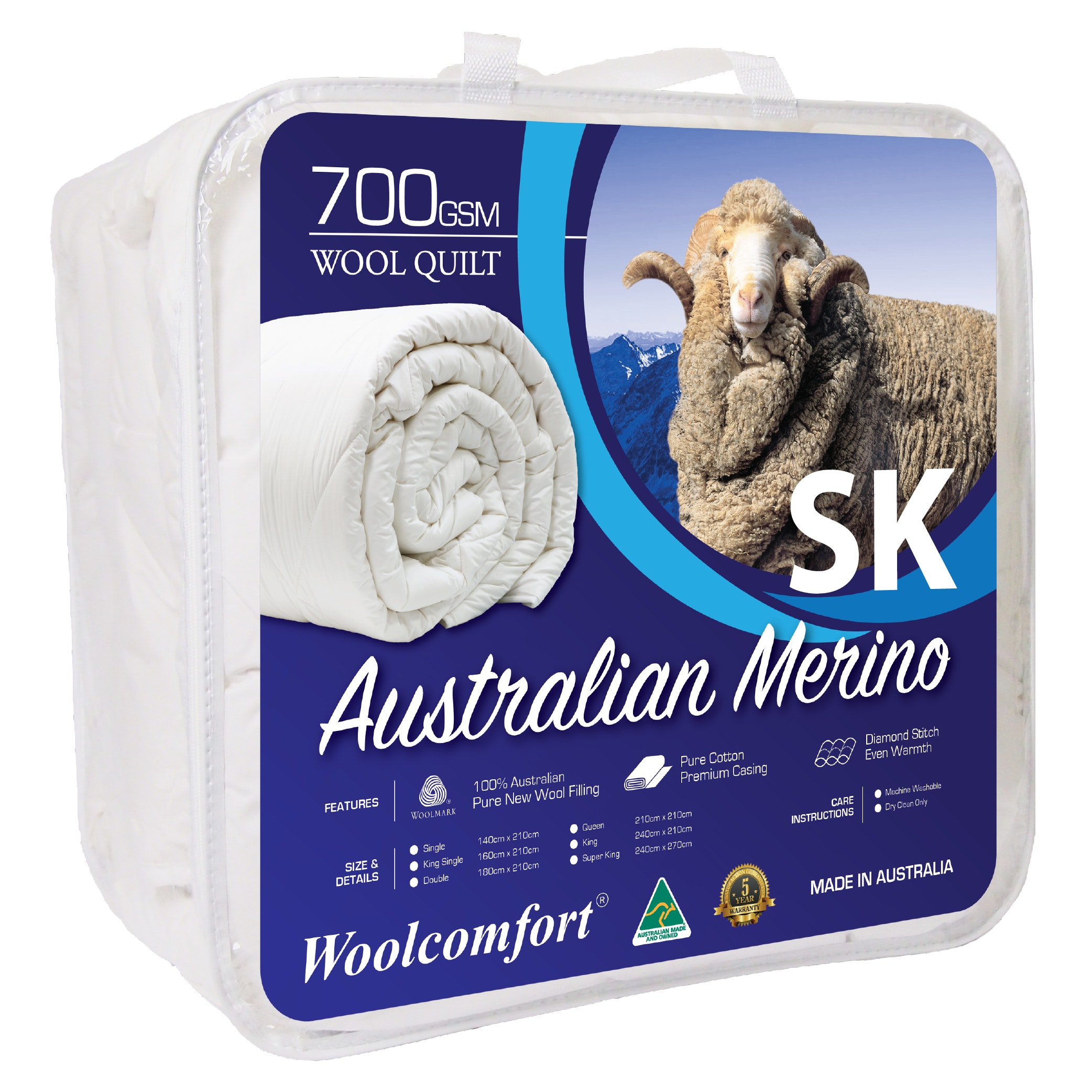 V535-JAPARA-WQ-700G-SK-90021-00 Woolcomfort Aus Made Merino Wool Quilt 700GSM 270x240cm Super King Size - Image 1