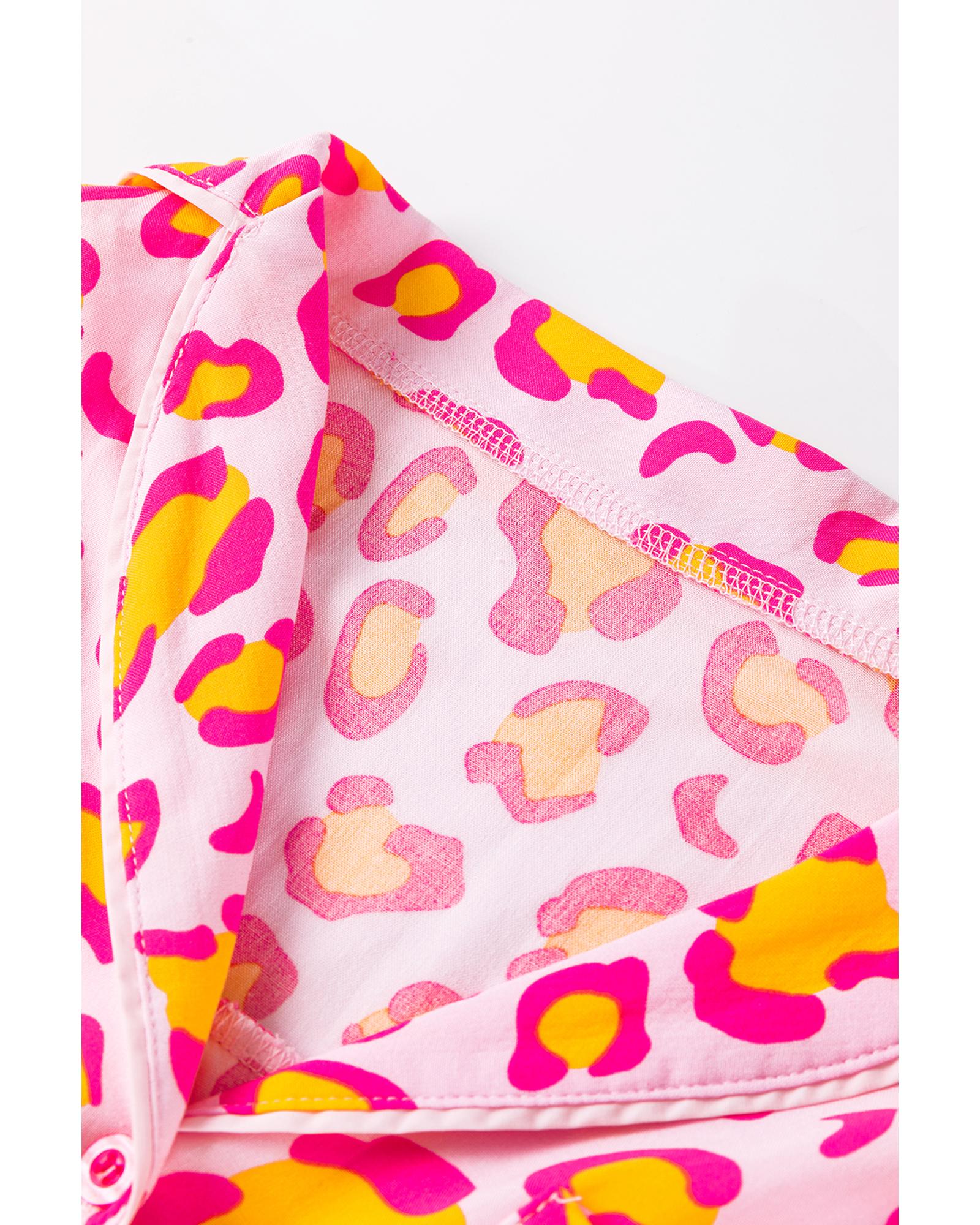 V539-AZEXDC151110-P1020-M-202508272045-00 Pink Leopard Print Long Sleeve Shirt and Shorts Pajama Set - M - Image 1