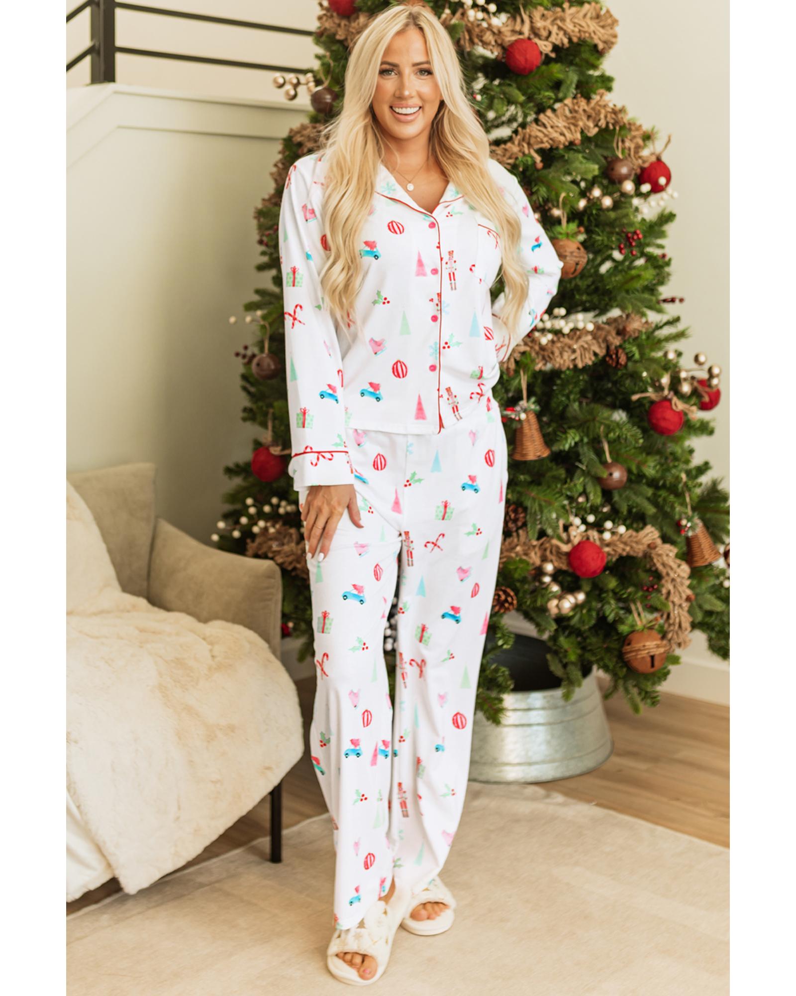 V539-AZEXDC151158-P120-M-202508280015-00 White Christmas Print Lapel Shirt and Pants Sleepwear - M - Image 1
