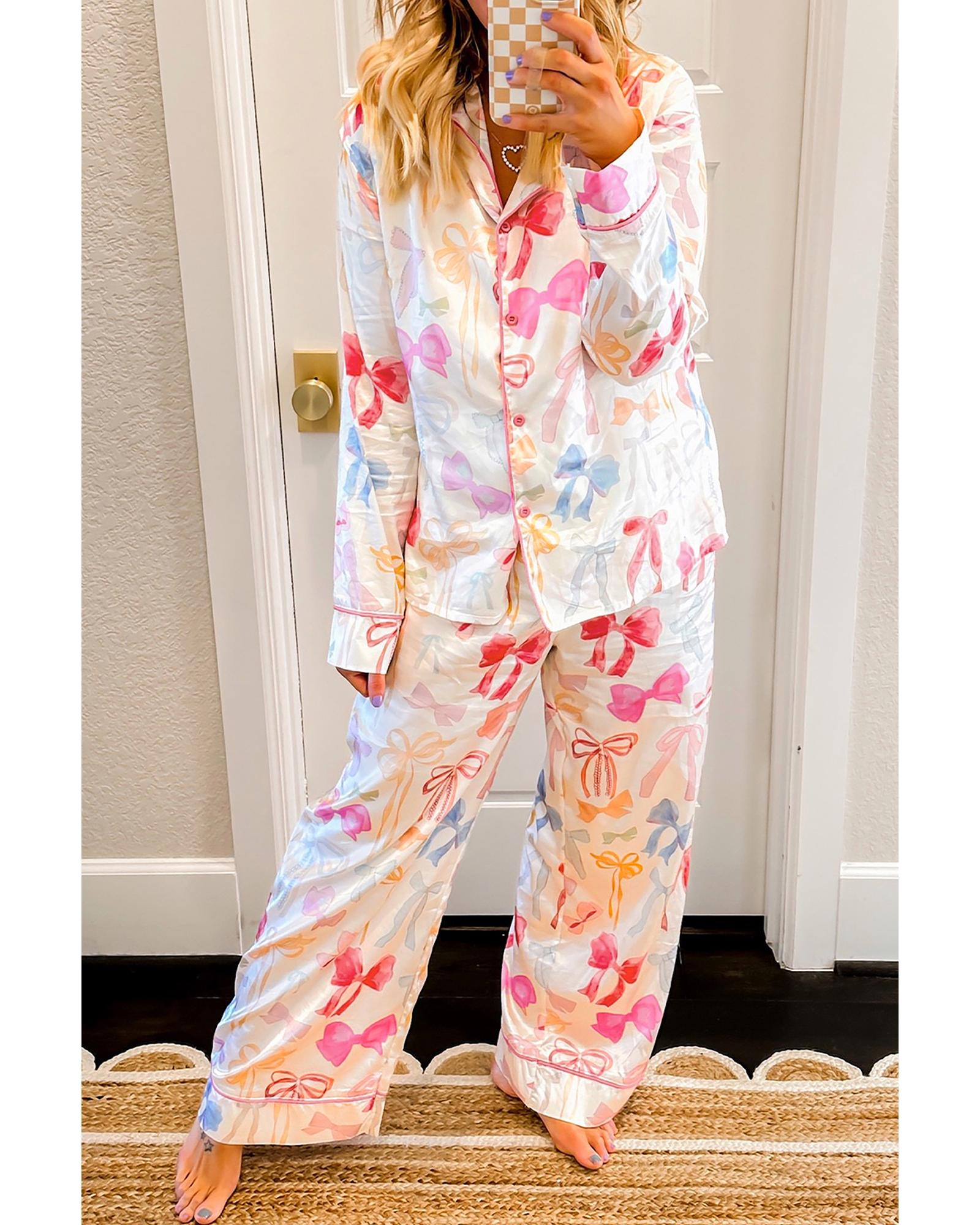 V539-AZEXDC151185-P120-L-202508271105-00 White Bow Knot Print Lapel Collar Wide Leg Satin Pajama Set - L - Image 1