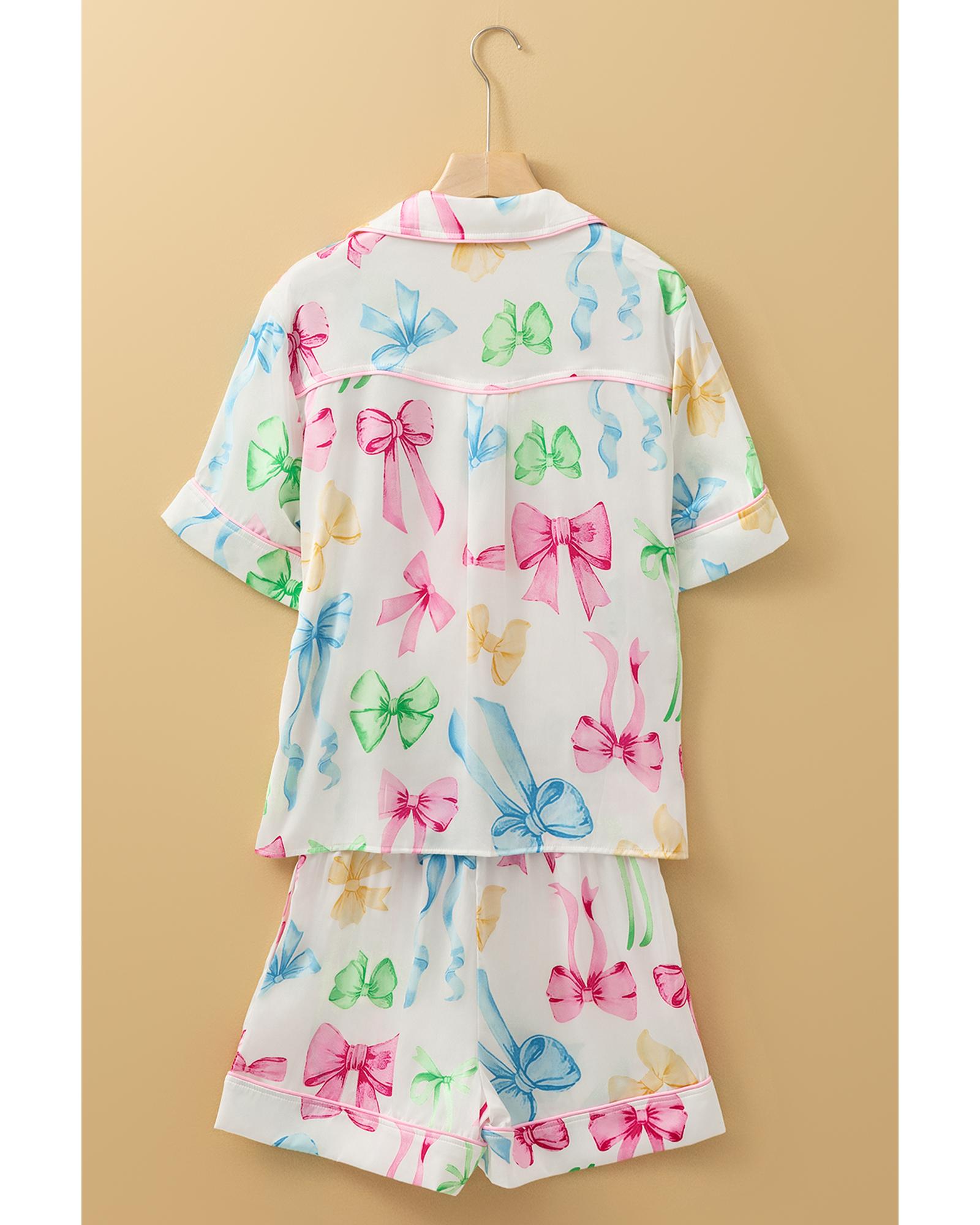V539-AZEXDC151296-P120-L-202508270840-00 White Bowknot Print Buttoned Shirt High Waist Shorts Pajama Set - L - Image 1