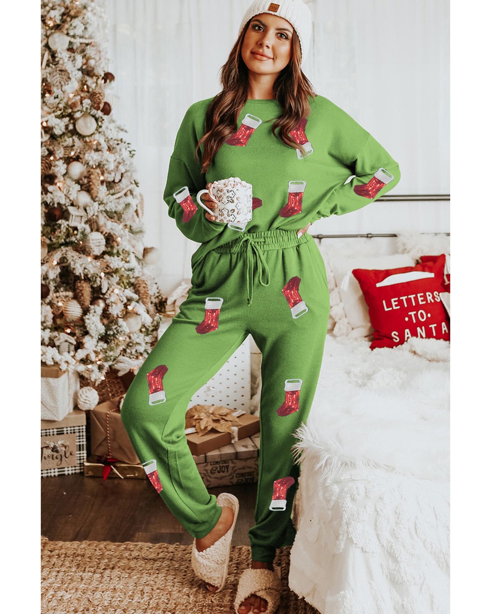 V539-AZEXDC151322-P709-M-202508271155-00 Spinach Green Sequin Christmas Stockings Graphic Two Piece Lounge Set - M - Image 1