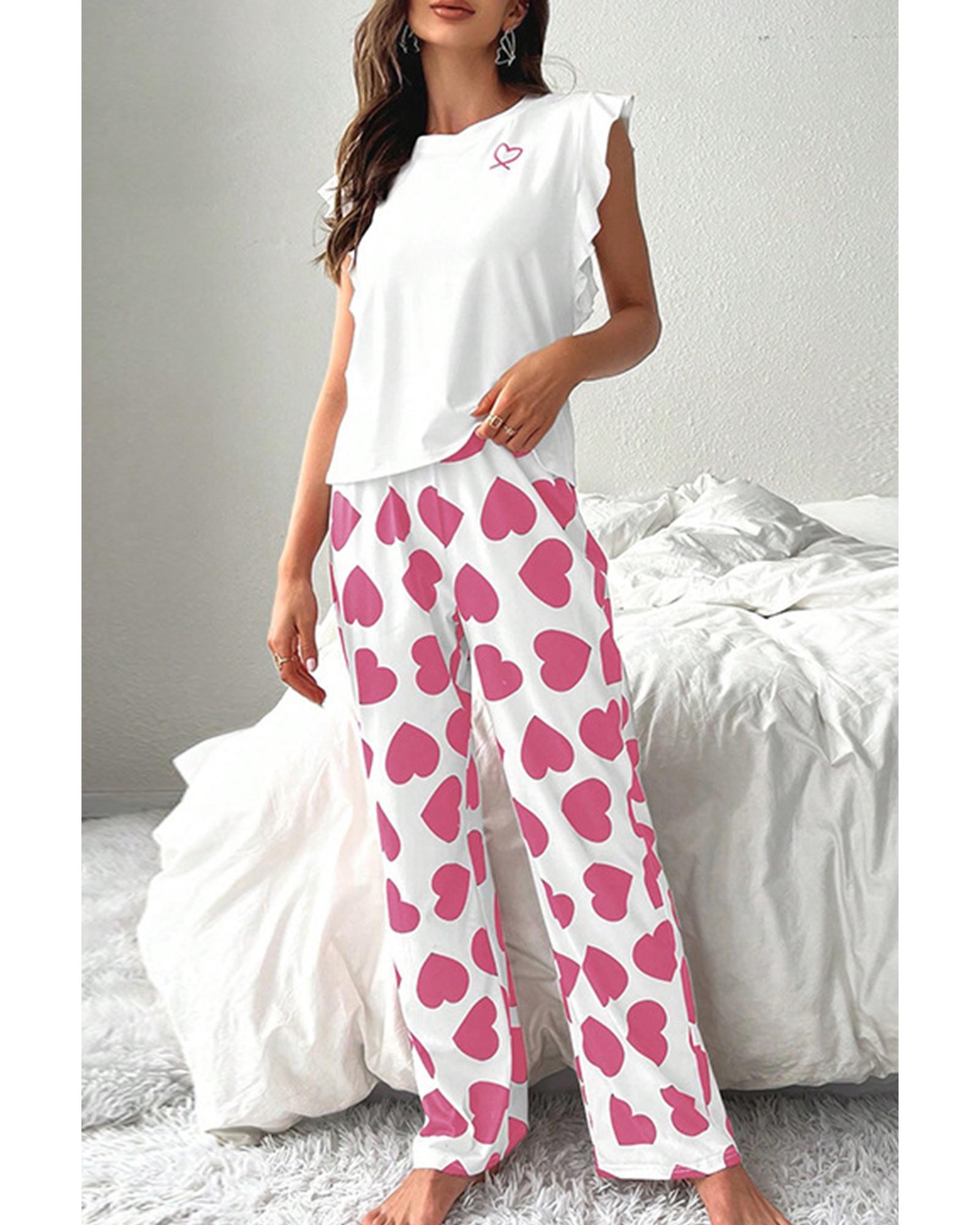 V539-AZEXDC151342-P1020-2XL-202508271555-00 Pink Ruffled Tank Top And Heart Print Pants Lounge Set - 2XL - Image 1