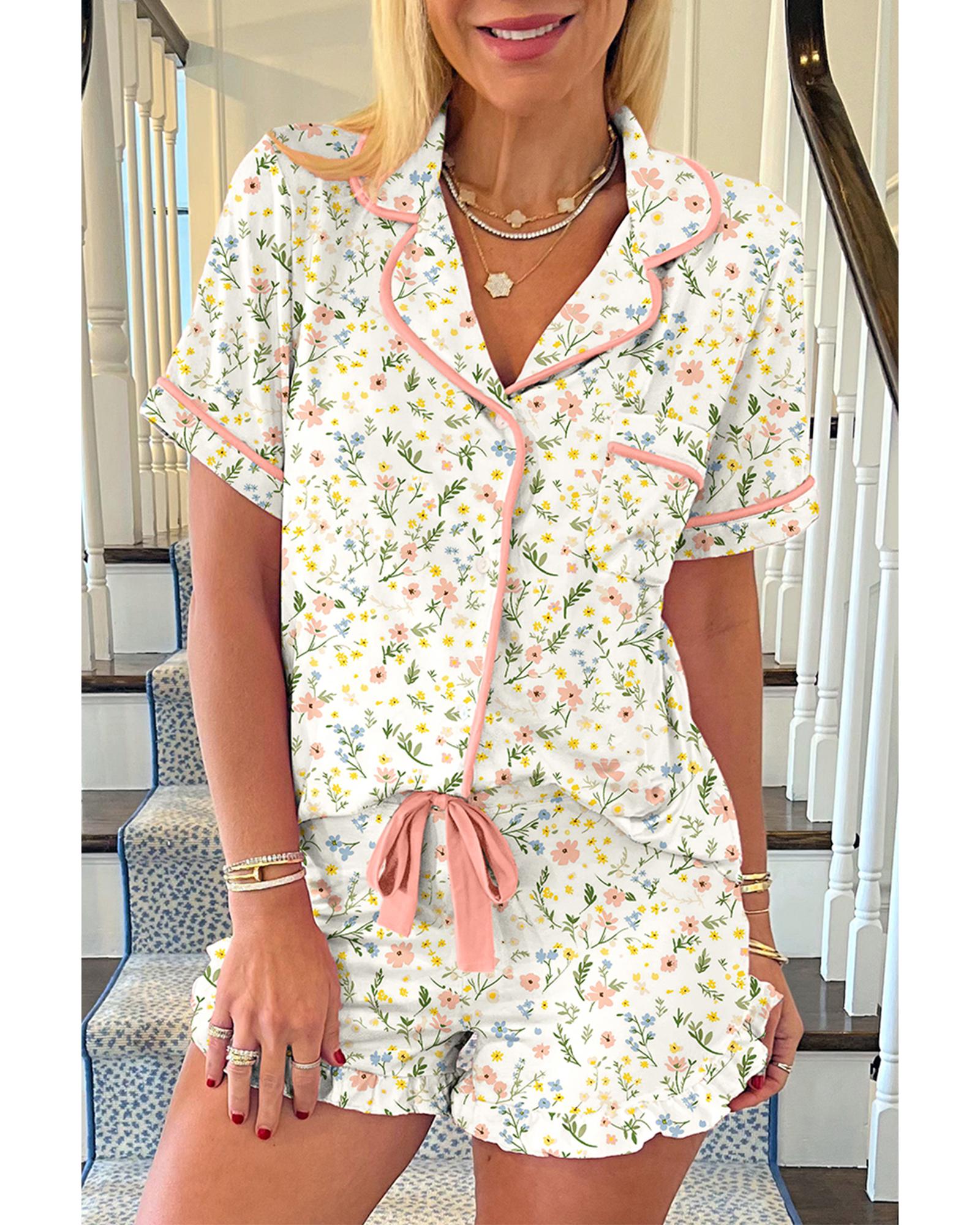 V539-AZEXDC151494-P120-XL-202508271000-00 White Floral Print Contrast Pipping Short Pajamas Set - XL - Image 1