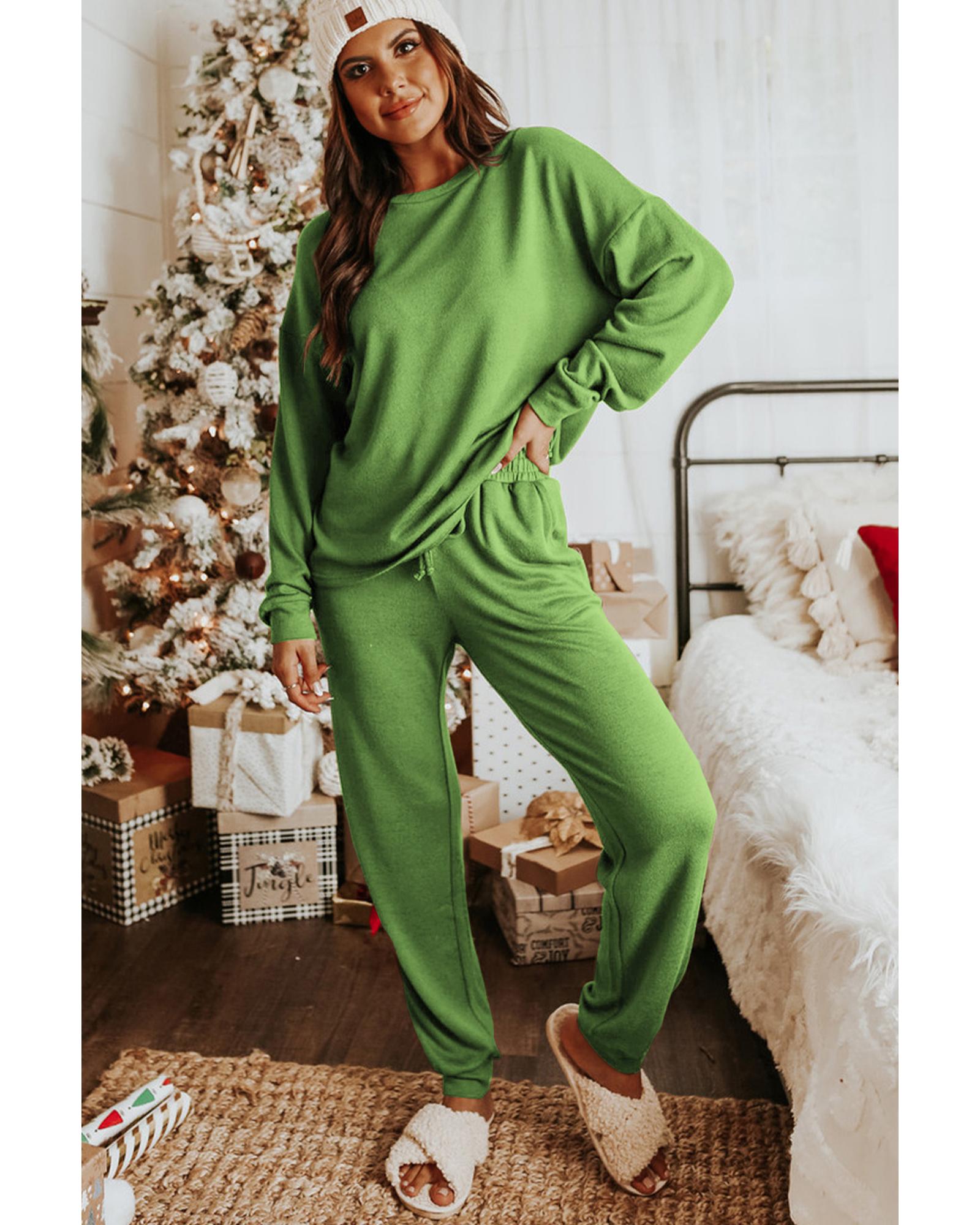 V539-AZEXDC15306-P709-L-202506120000-00 Spinach Green Long Sleeve Pullover and Jogger Pants Lounge Set - L - Image 1