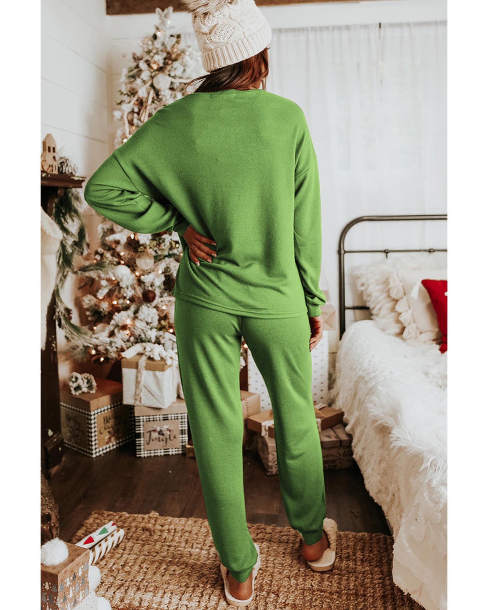 V539-AZEXDC15306-P709-M-202508270520-00 Spinach Green Long Sleeve Pullover and Jogger Pants Lounge Set - M - Image 1