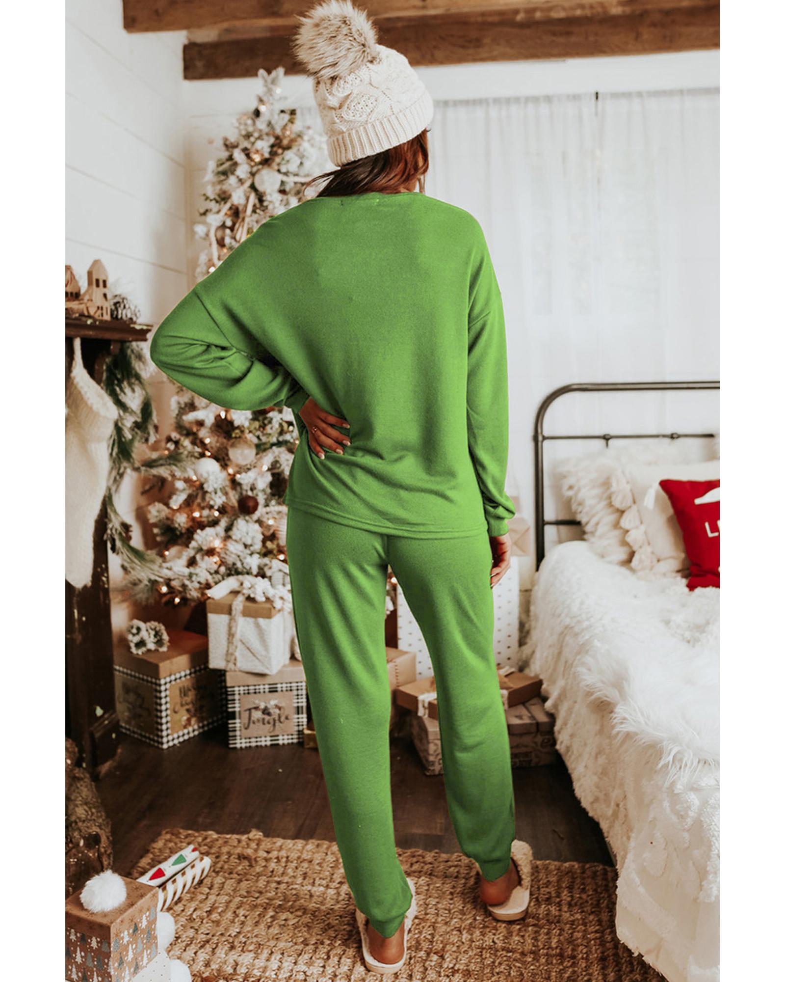 V539-AZEXDC15785-P709-M-202508271800-00 Spinach Green Sequined Christmas Cane Pattern Lounge Sweatsuit - M - Image 1