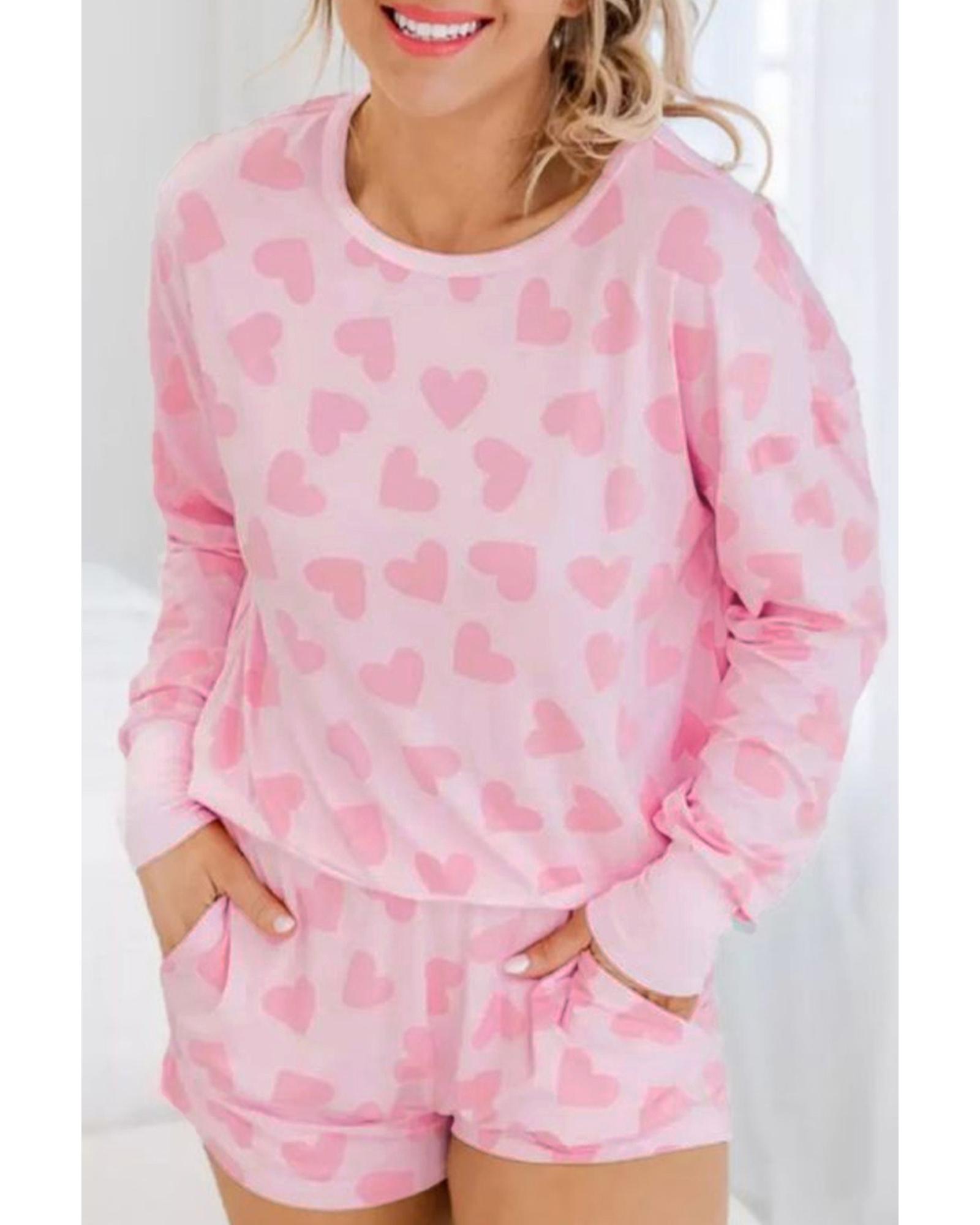 V539-AZEXDC15803-P1020-S-202506111946-00 Pink Valentine Heart Shape Print Long Sleeve Top Shorts Lounge Set - S - Image 1