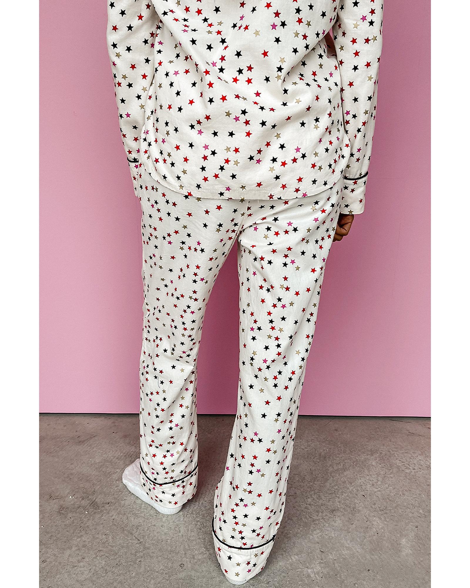 V539-AZEXDC15820-P1-L-202508270306-00 White Contrast Pipping Star Long Sleeve and Pants Pajamas Set - L - Image 1