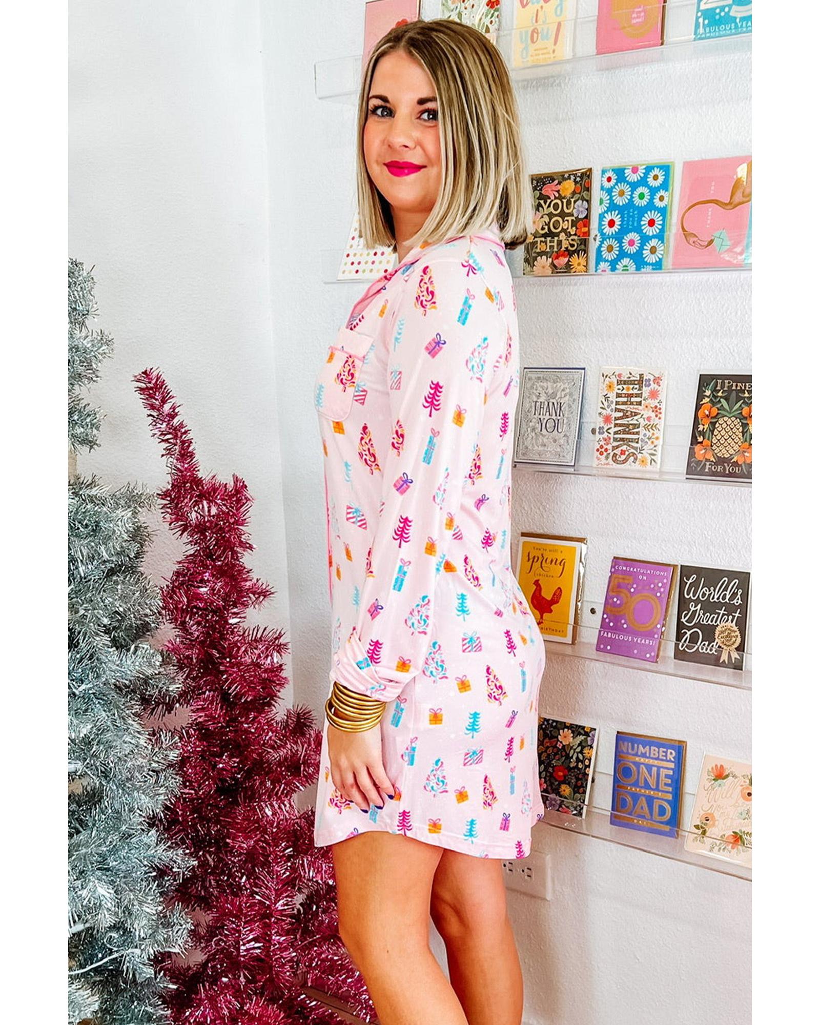 V539-AZEXDC16046-P1020-S-202506112052-00 Pink Christmas Twinkle Tree Print Shirt Sleep Dress - S - Image 1
