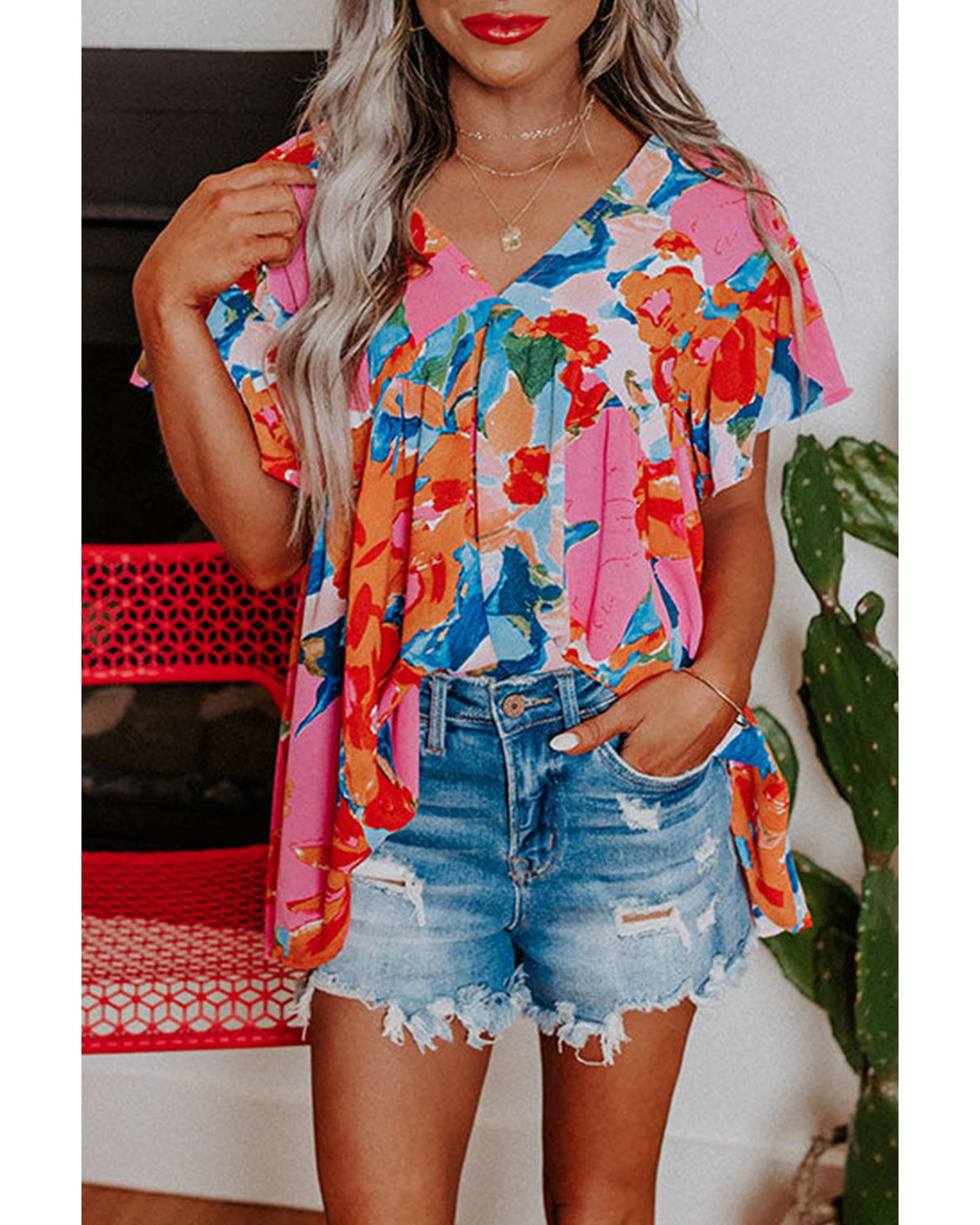 V539-AZEXDC25118544-10-S-165722-00 Azura Exchange Abstract Print V Neck Flutter Sleeve Blouse - S - Image 1