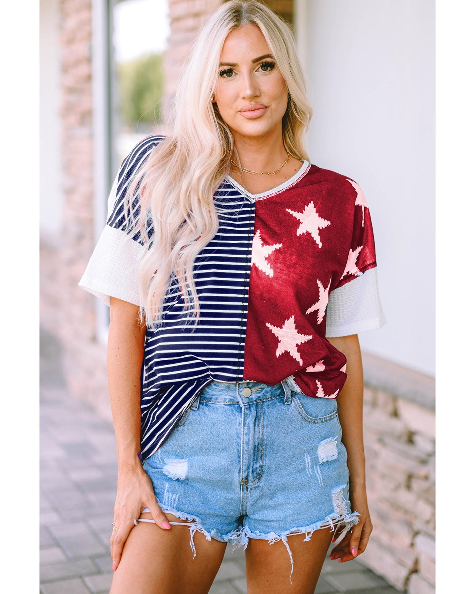 V539-AZEXDC25120524-5-M-202508260400-05 Azura Exchange Stripes Stars Print Knit Short Sleeves Top - M - Image 6