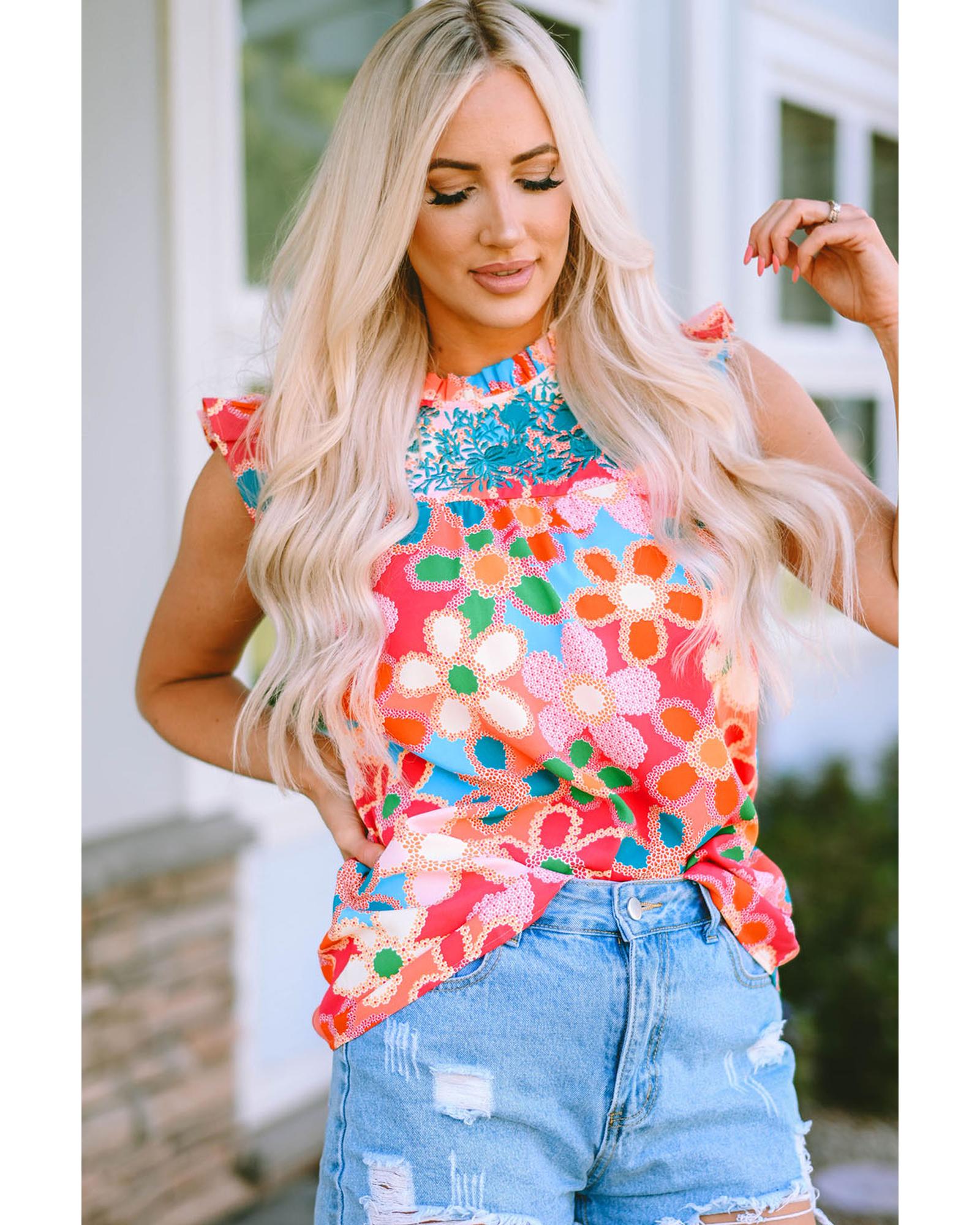 V539-AZEXDC25120739-10-XL-202506112235-00 Pink Embroidered Detail Floral Print Ruffle Trim Tank Top - XL - Image 1