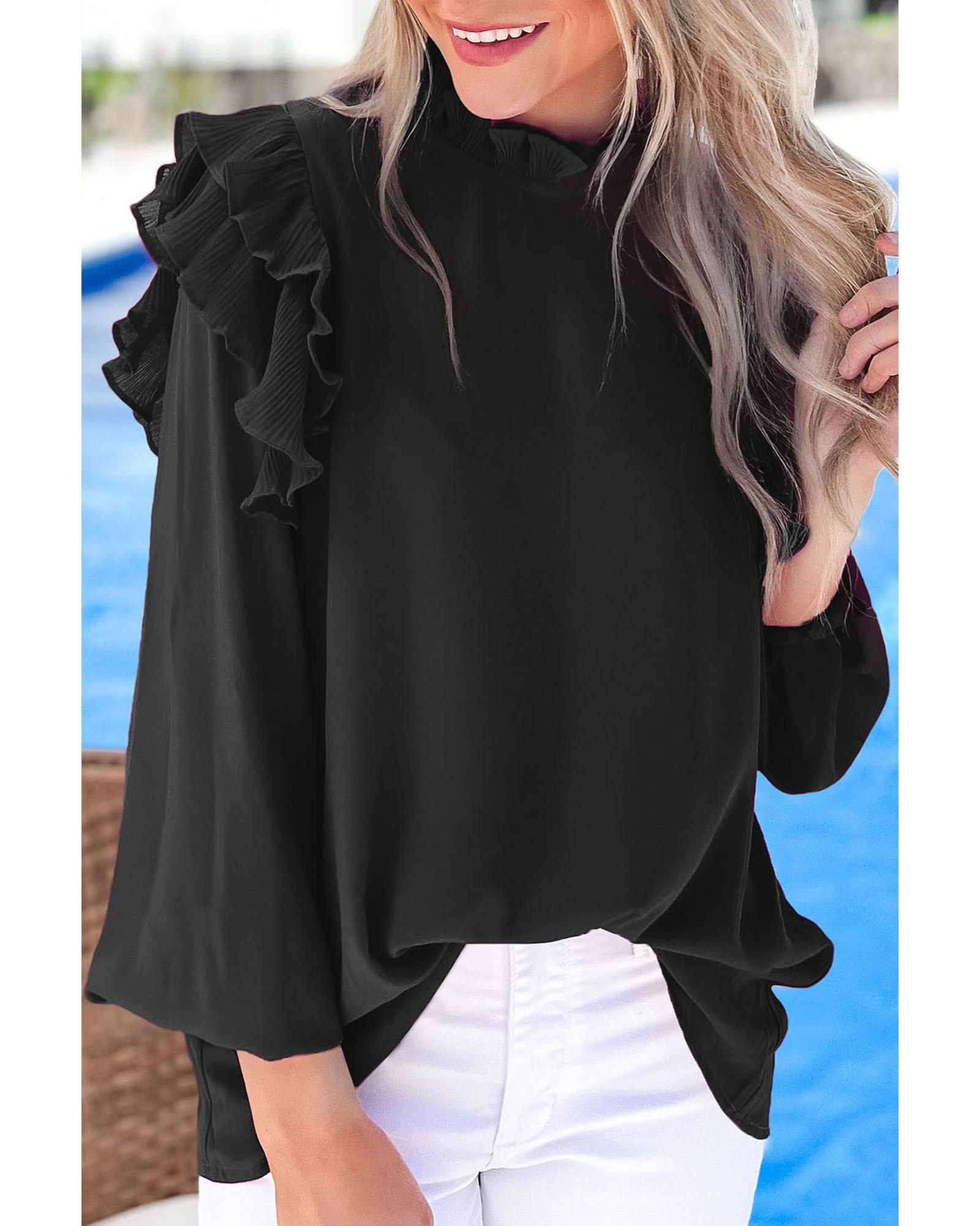 V539-AZEXDC25121471-2-M-202508270930-00 Black Button Keyhole Back Pleated Ruffle Trim Blouse - M - Image 1