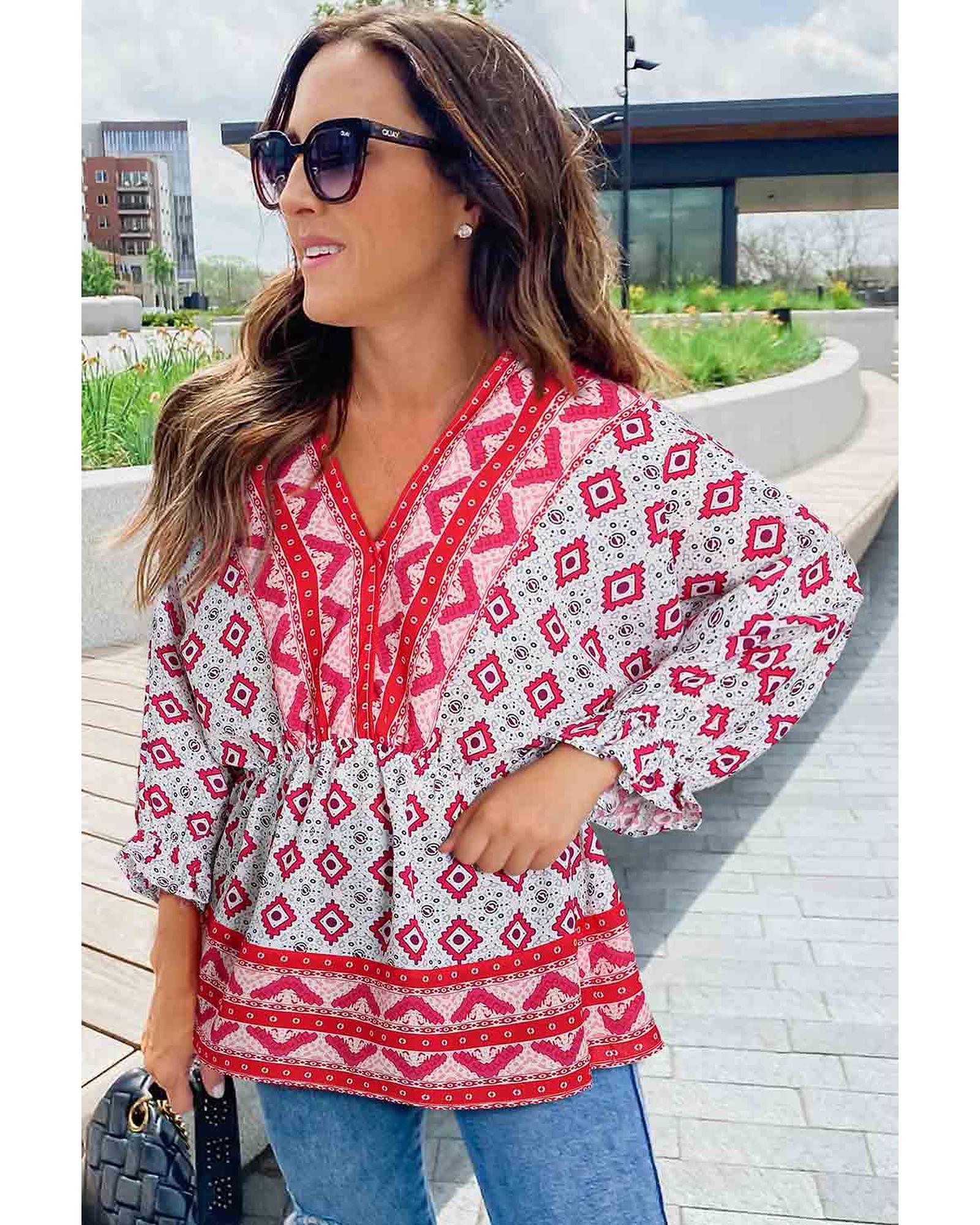 V539-AZEXDC25121616-3-S-202506112254-00 Red Geometric Print 3/4 Sleeve V-Neck Shirred Waist Flared Blouse - S - Image 1