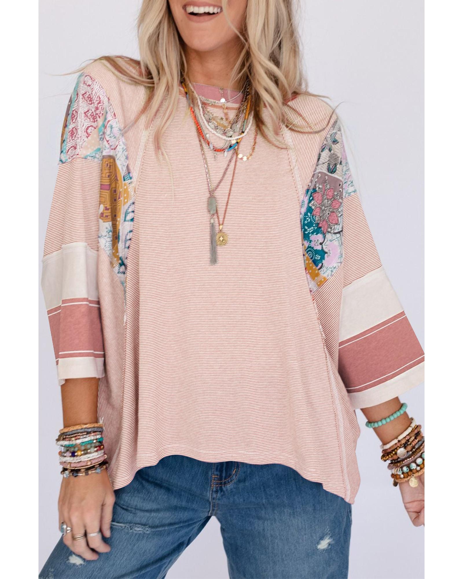 V539-AZEXDC25122088-P1020-S-202508270530-00 Pink Printed Pinstriped Color Block Patchwork Oversized Top - S - Image 1