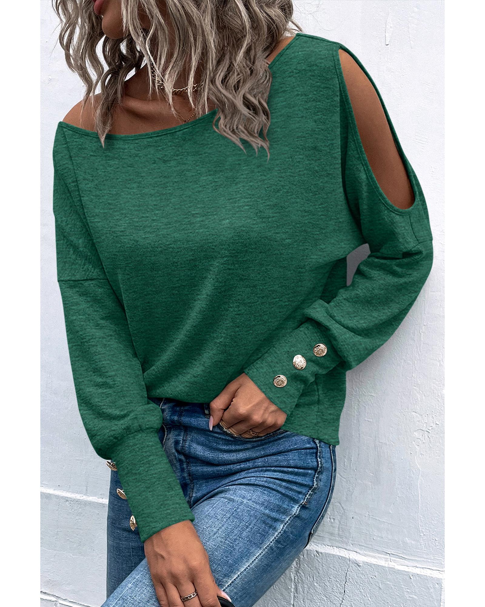 V539-AZEXDC25122558-9-S-202506120112-00 Green Asymmetrical Cut Out Buttoned Long Sleeve Top - S - Image 1