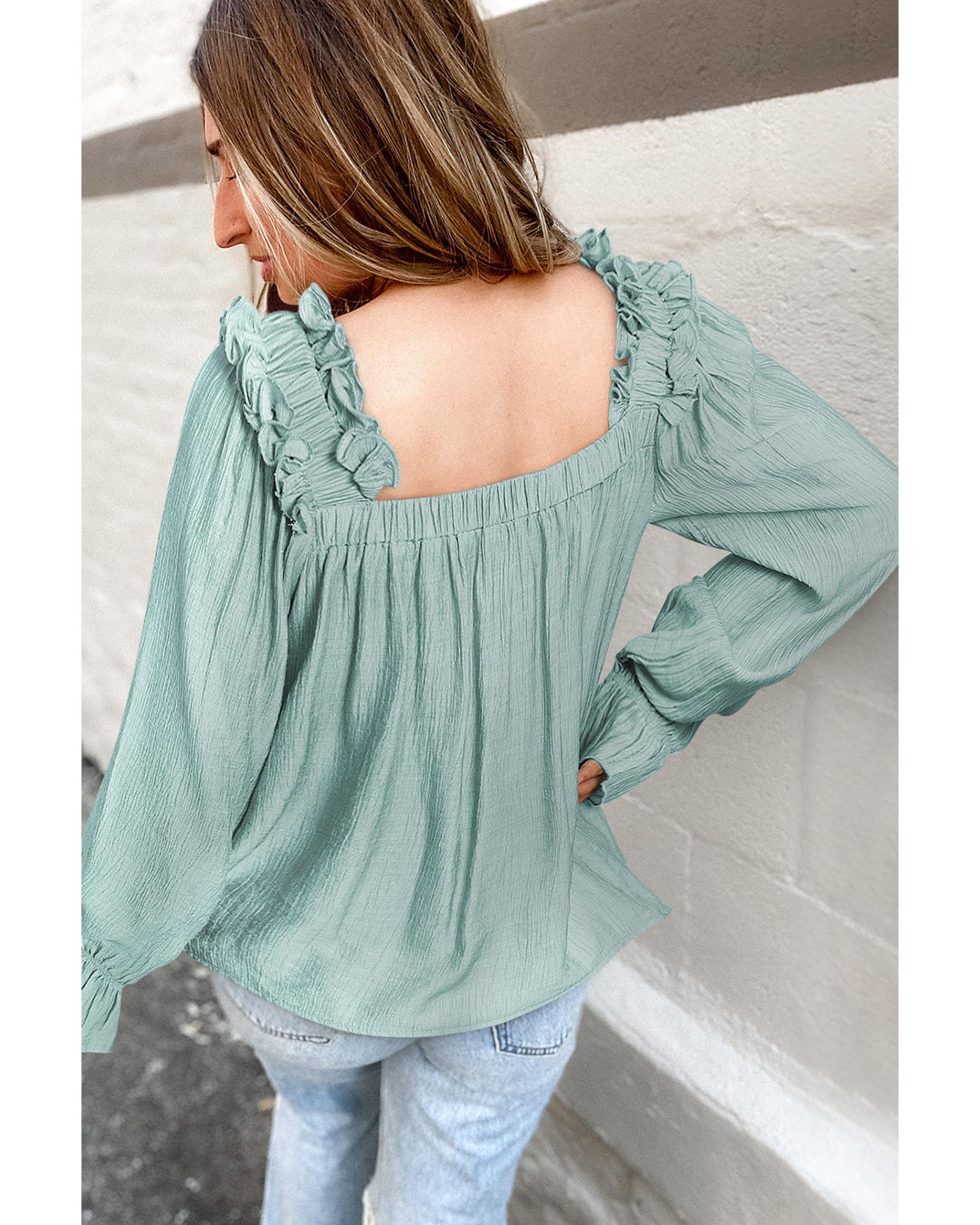 V539-AZEXDC25122564-9-M-202508271925-00 Green Ruffled Square Neck Cuffs Long Sleeve Blouse - M - Image 1
