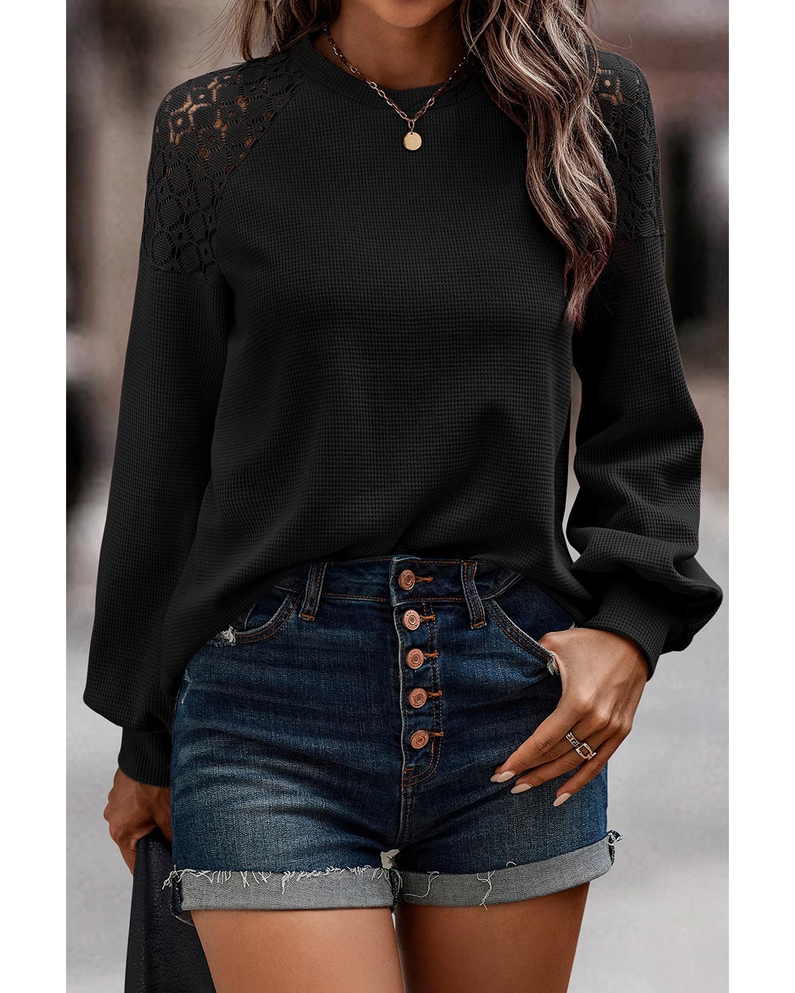 V539-AZEXDC25122570-P2-XL-202508270435-00 Black Lace Long Sleeve Textured Pullover - XL - Image 1