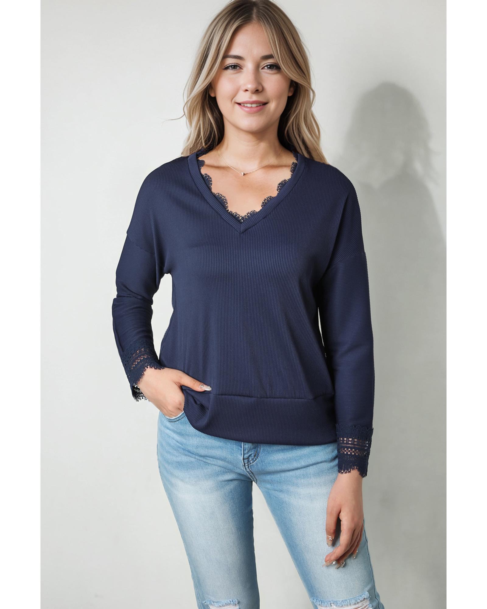 V539-AZEXDC25122653-5-M-202508290650-01 Azura Exchange Ribbed Texture V Neck Long Sleeve Top - M - Image 2