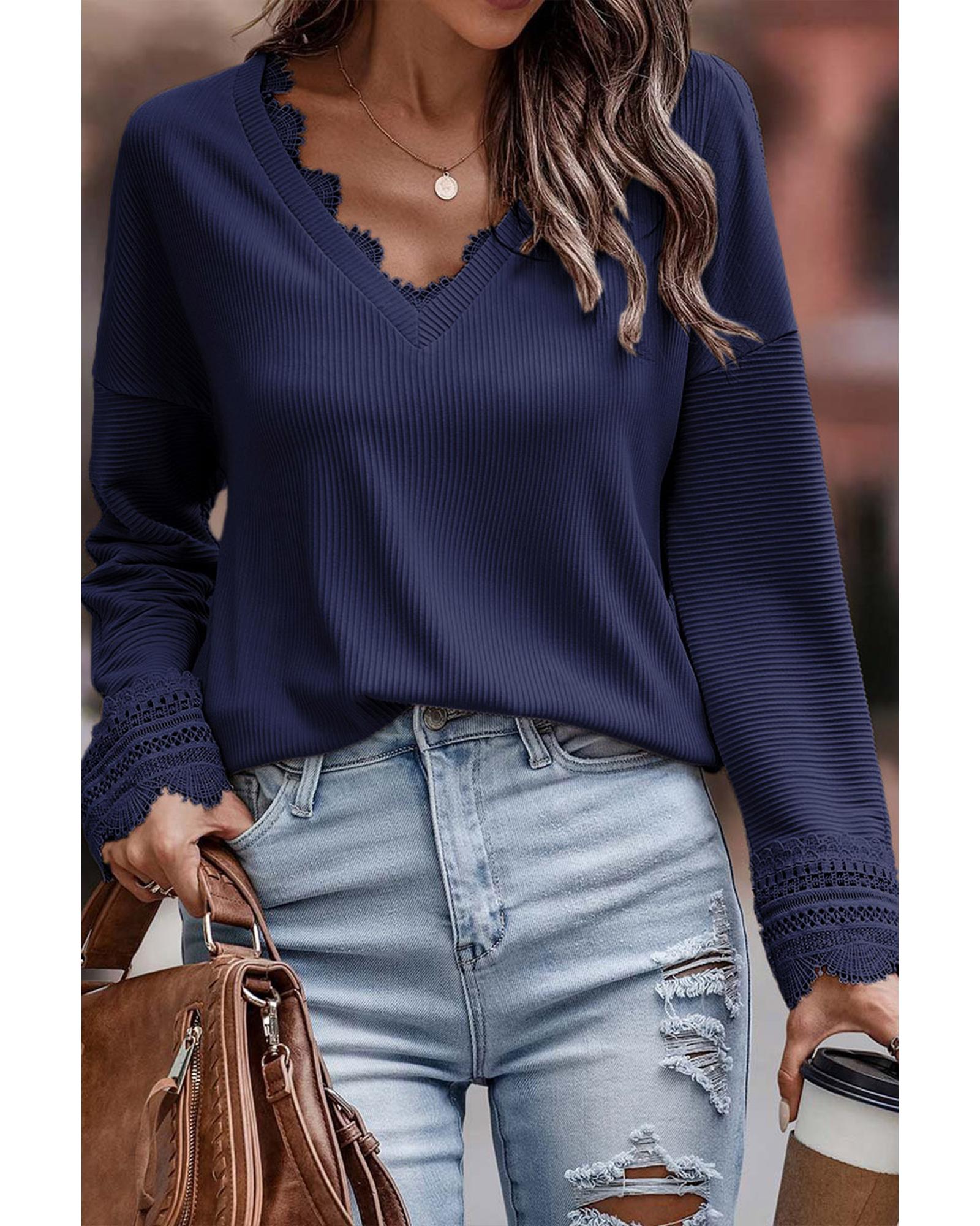 V539-AZEXDC25122653-5-S-202508290655-02 Azura Exchange Ribbed Texture V Neck Long Sleeve Top - S - Image 3