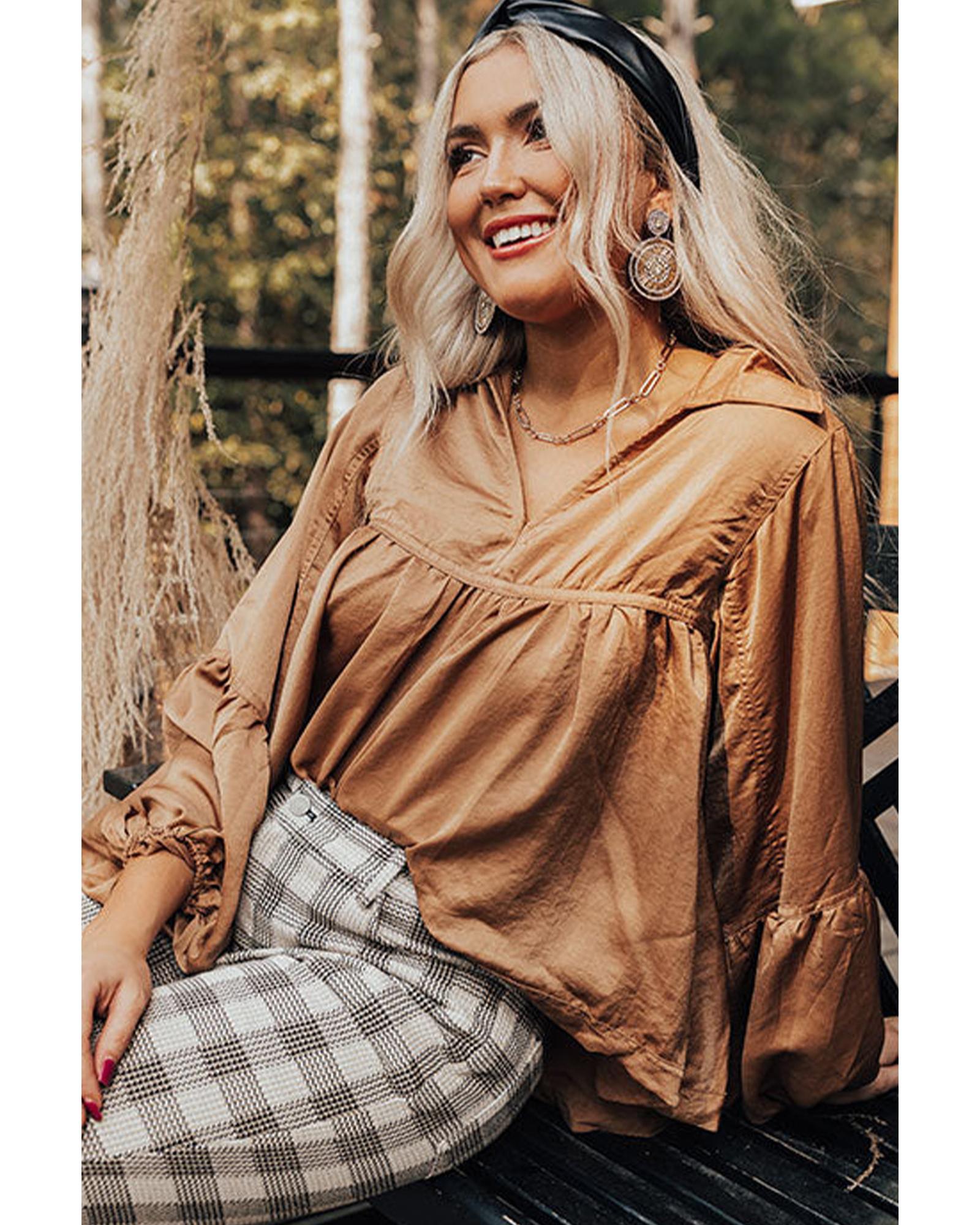 V539-AZEXDC25122690-17-M-202506191653-02 Brown Puff Sleeve Collared Pleated Babydoll Blouse - M - Image 3