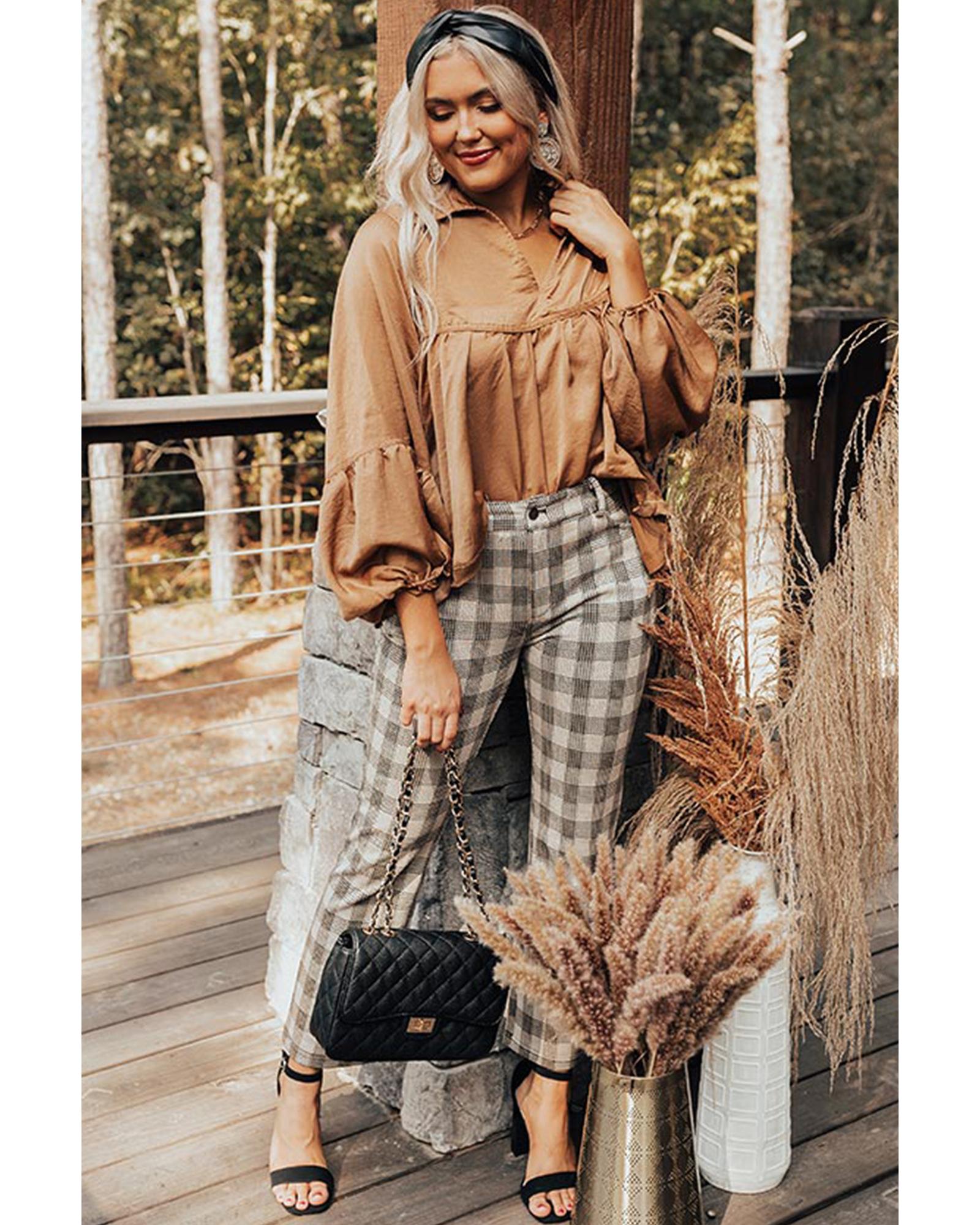 V539-AZEXDC25122690-17-M-202506191653-03 Brown Puff Sleeve Collared Pleated Babydoll Blouse - M - Image 4