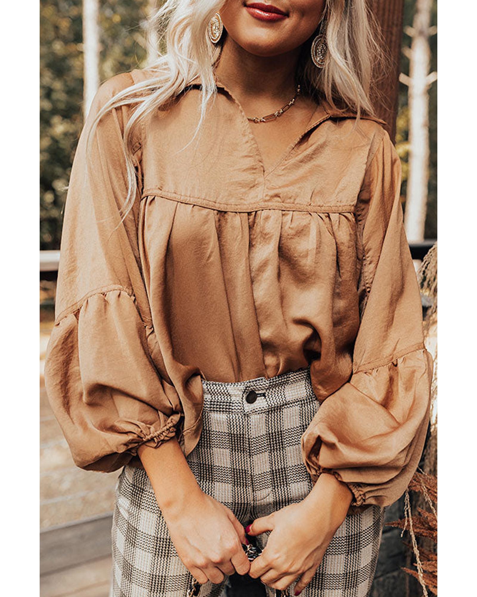 V539-AZEXDC25122690-17-M-202506191653-04 Brown Puff Sleeve Collared Pleated Babydoll Blouse - M - Image 5