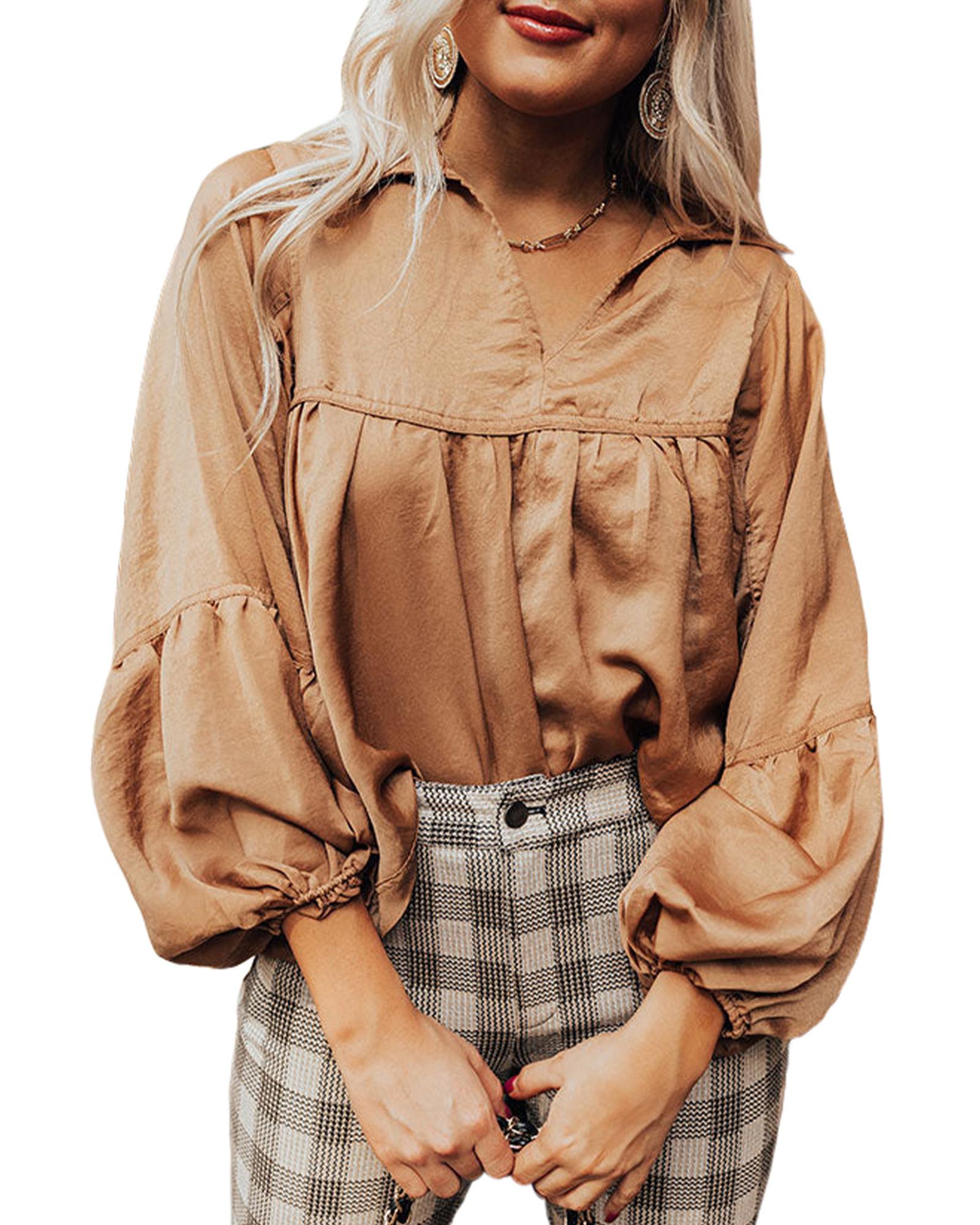 V539-AZEXDC25122690-17-M-202506191653-05 Brown Puff Sleeve Collared Pleated Babydoll Blouse - M - Image 6