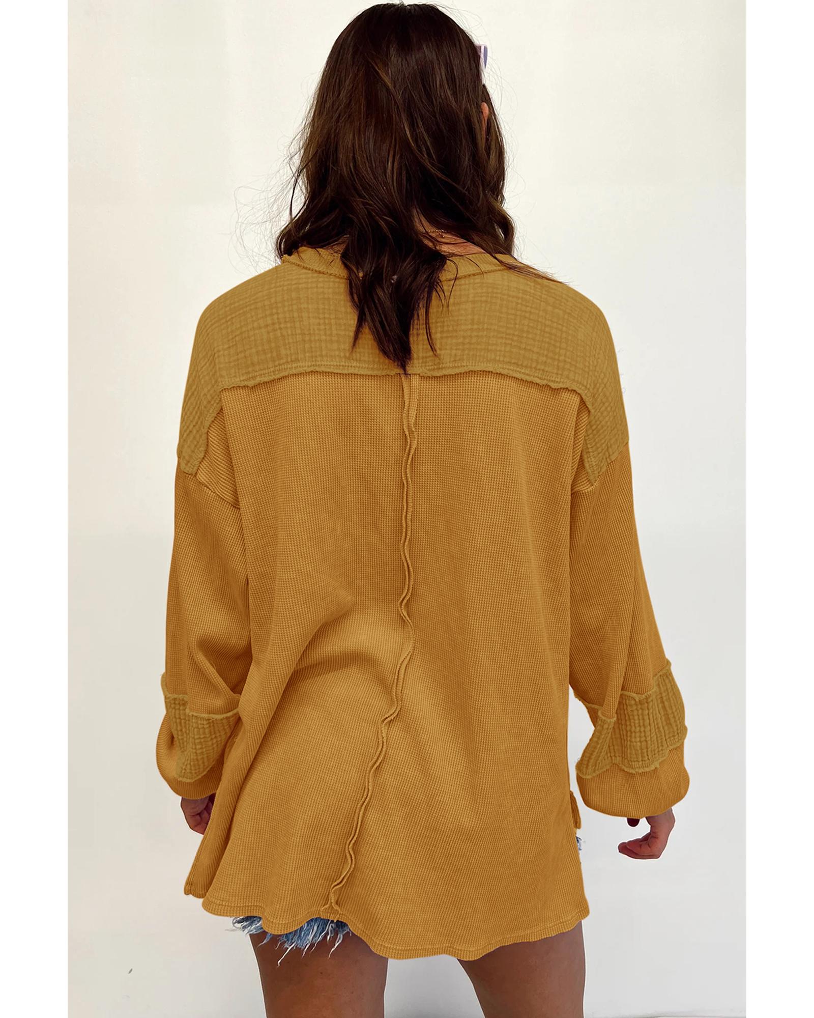 V539-AZEXDC25122965-17-S-202508270350-00 Exposed Seam Patchwork Bubble Sleeve Waffle Knit Top - S - Image 1