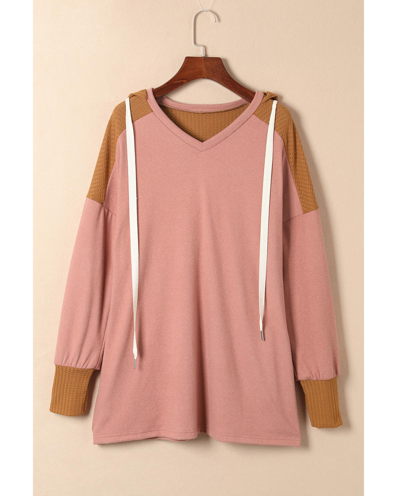 V539-AZEXDC25123077-17-L-202508272310-05 Brown Waffle Knit Patchwork Drawstring V Neck Hoodie - L - Image 6