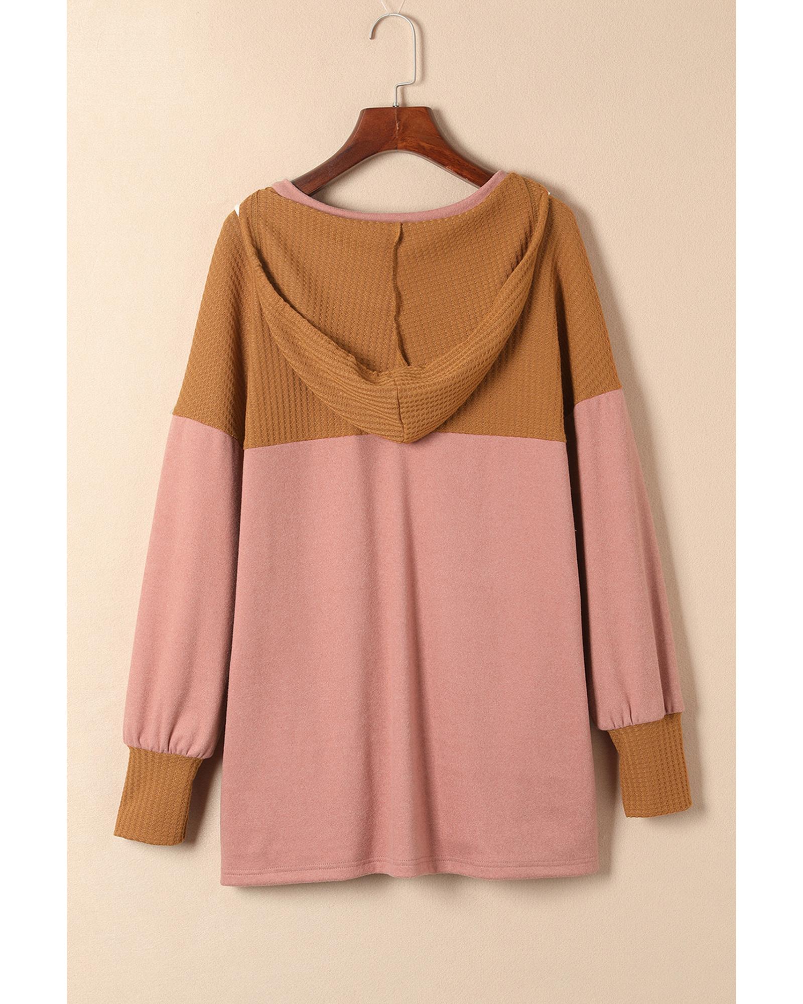 V539-AZEXDC25123077-17-S-202506112217-01 Brown Waffle Knit Patchwork Drawstring V Neck Hoodie - S - Image 2