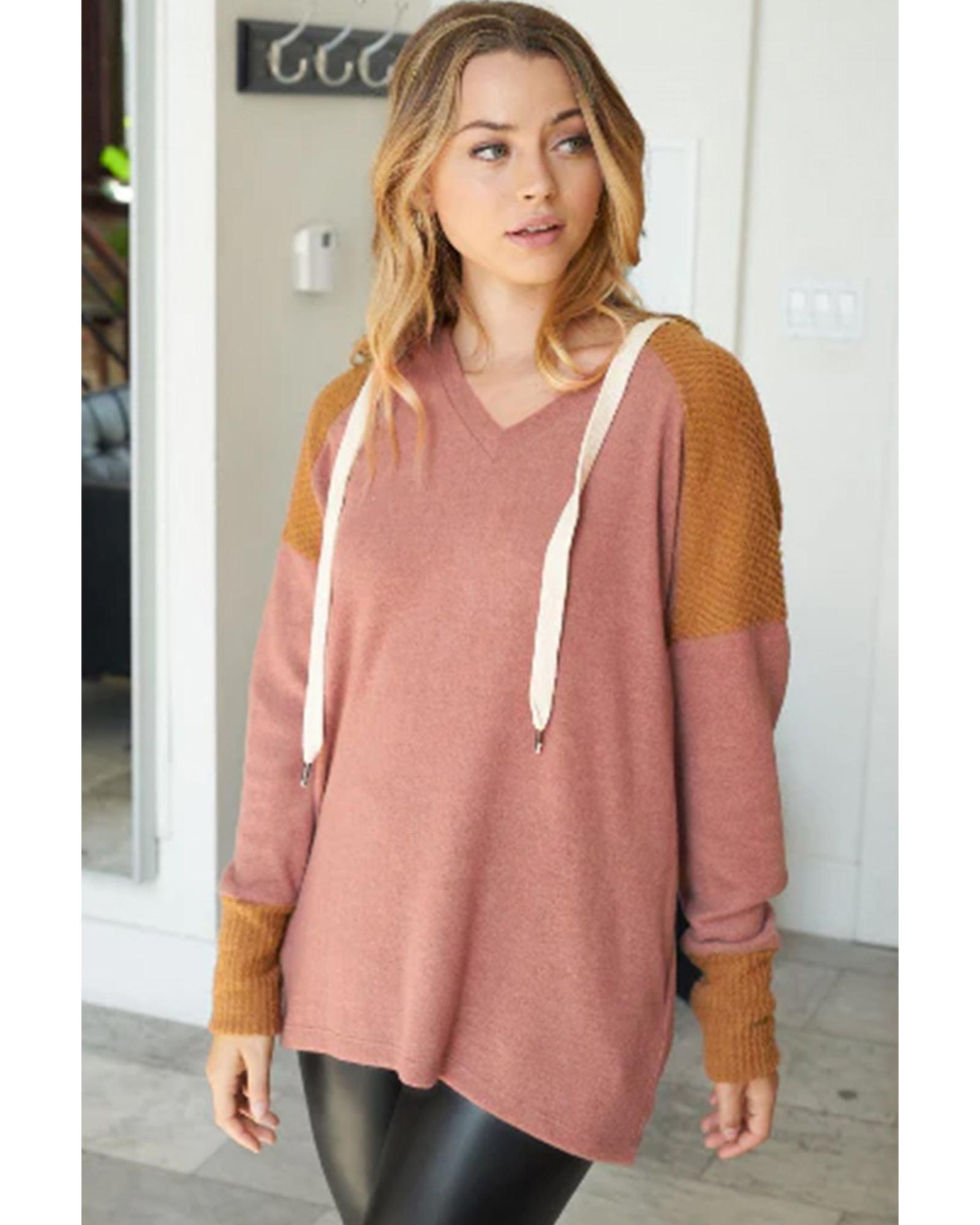 V539-AZEXDC25123077-17-XL-202508270400-01 Brown Waffle Knit Patchwork Drawstring V Neck Hoodie - XL - Image 2