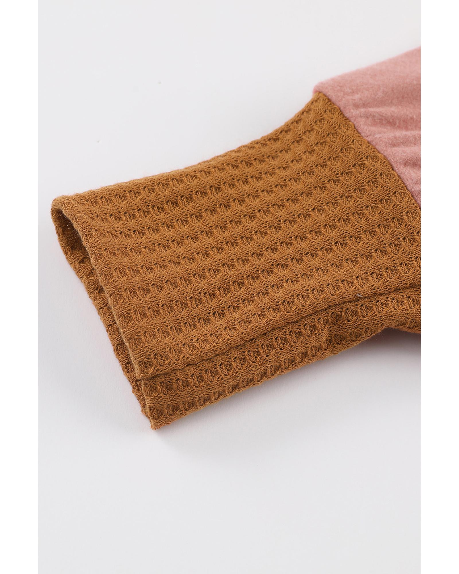V539-AZEXDC25123077-17-XL-202508270400-02 Brown Waffle Knit Patchwork Drawstring V Neck Hoodie - XL - Image 3