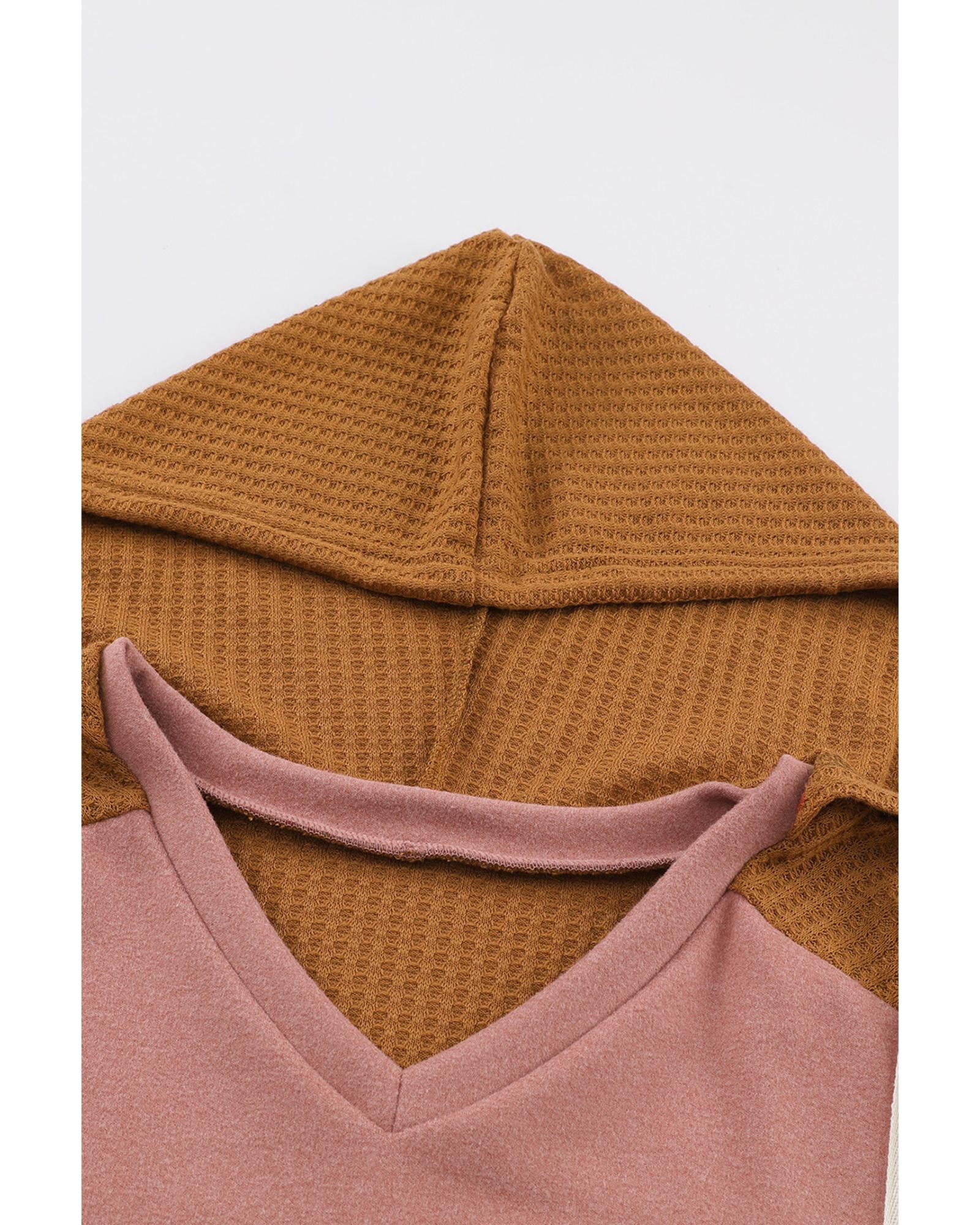 V539-AZEXDC25123077-17-XL-202508270400-05 Brown Waffle Knit Patchwork Drawstring V Neck Hoodie - XL - Image 6