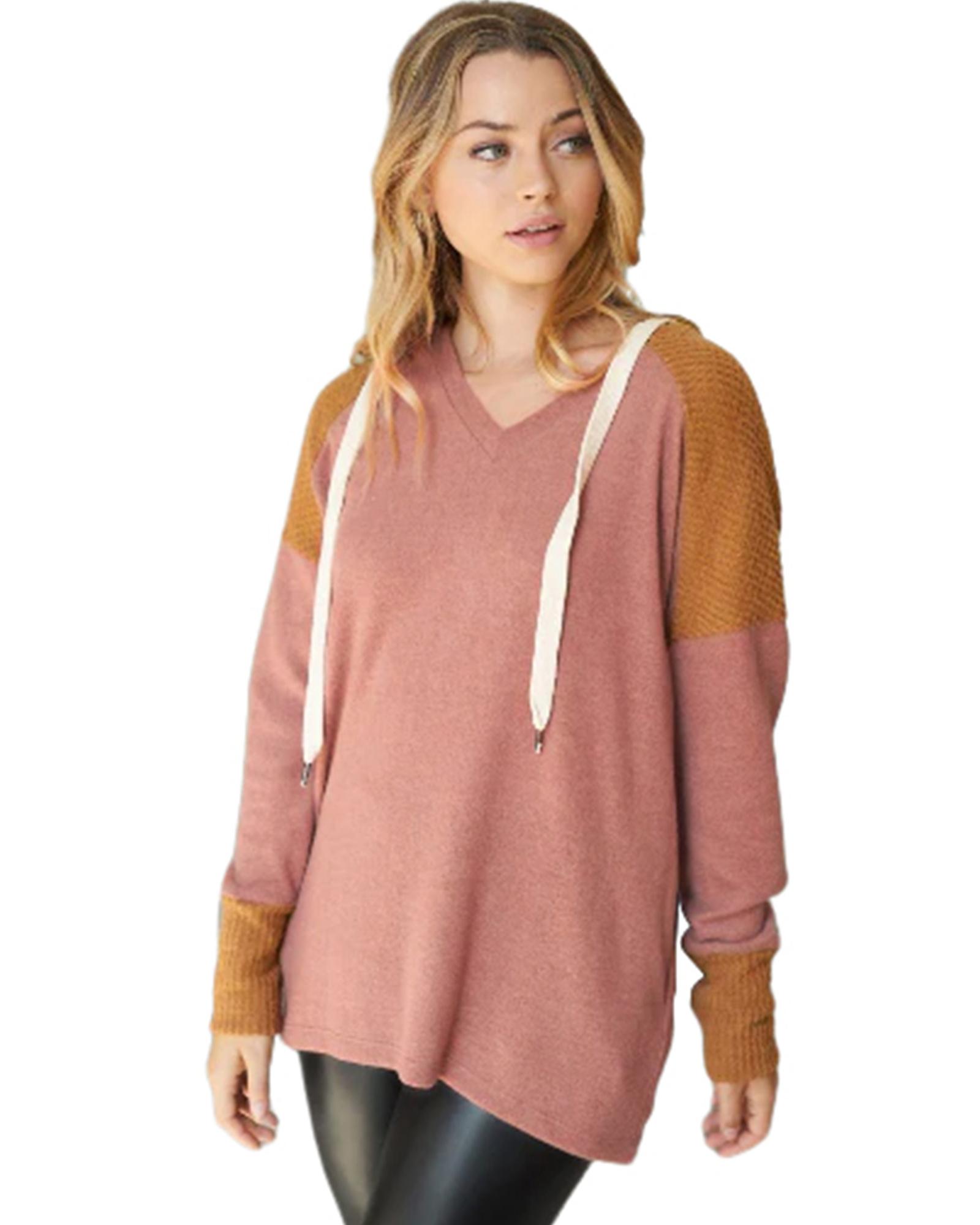 V539-AZEXDC25123077-17-XL-202508270400-07 Brown Waffle Knit Patchwork Drawstring V Neck Hoodie - XL - Image 8