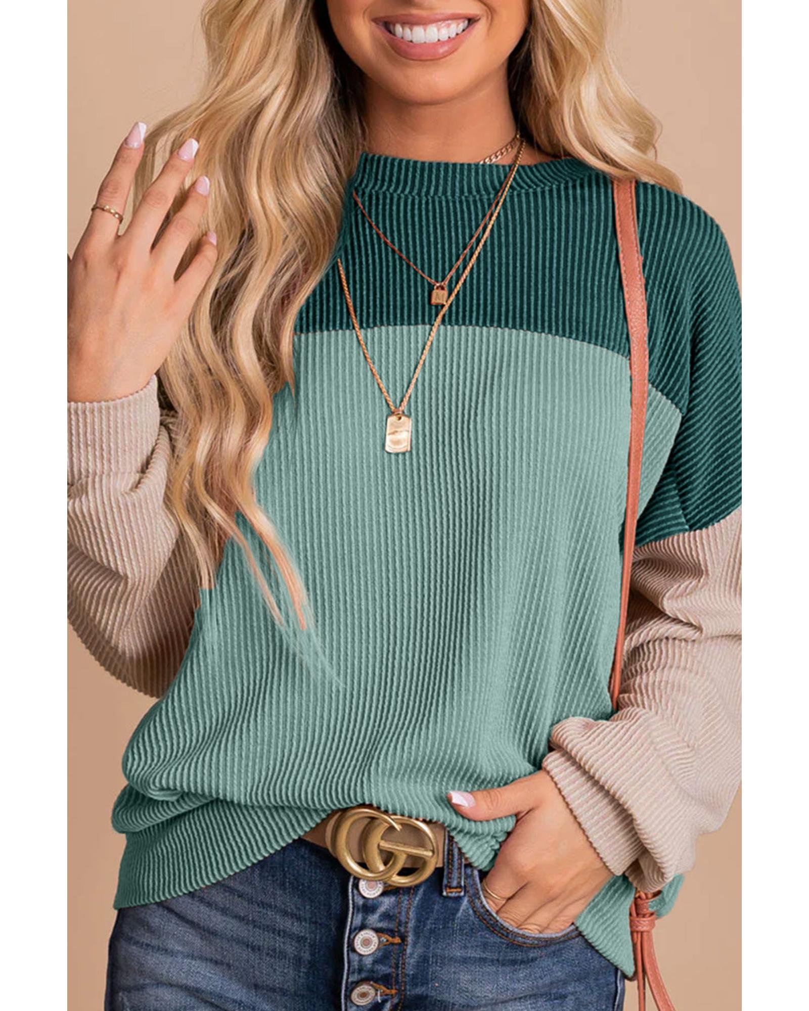 V539-AZEXDC25123172-109-M-202508270345-00 Green Color Block Long Sleeve Ribbed Loose Top - M - Image 1