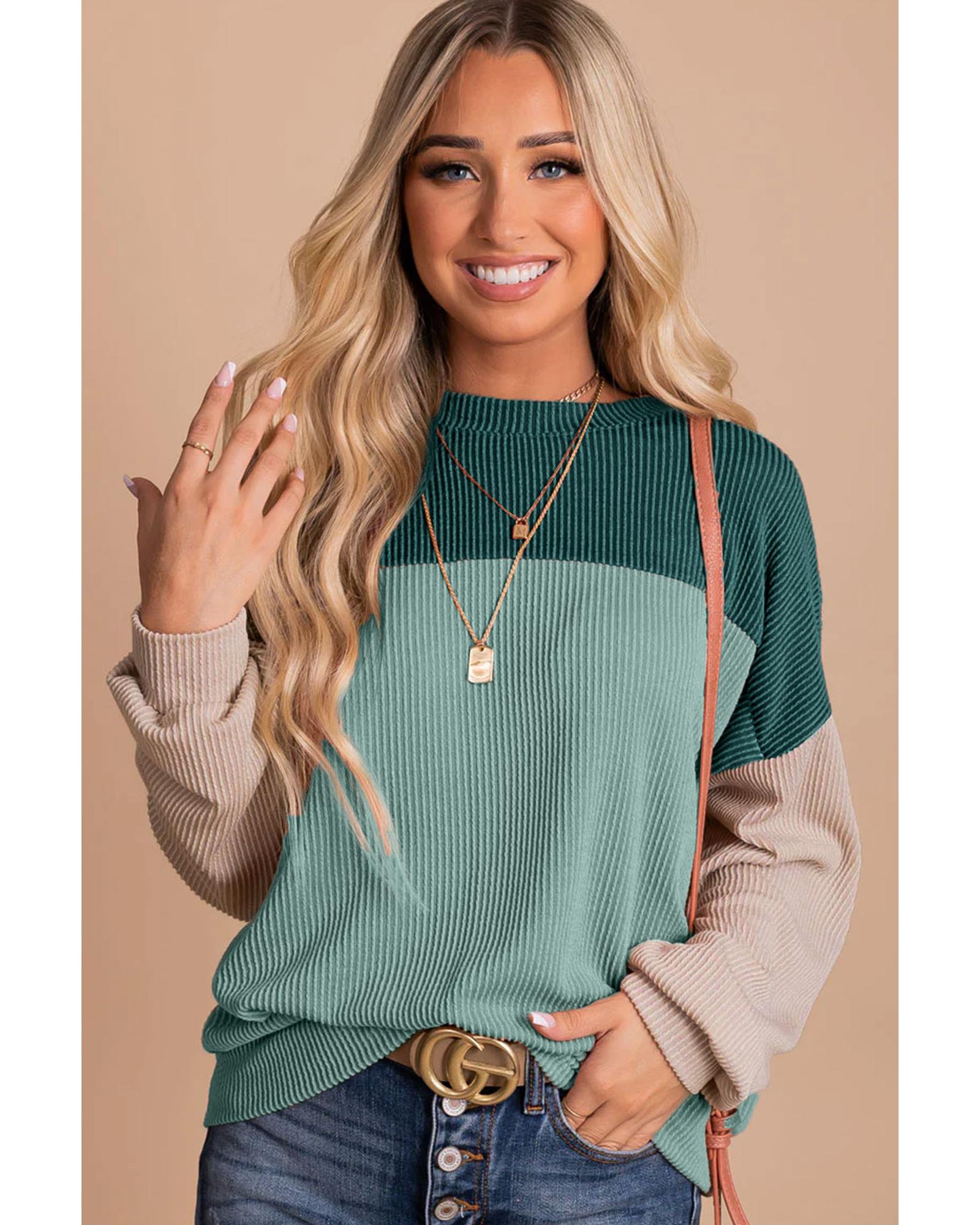 V539-AZEXDC25123172-109-XL-202508270605-00 Green Color Block Long Sleeve Ribbed Loose Top - XL - Image 1