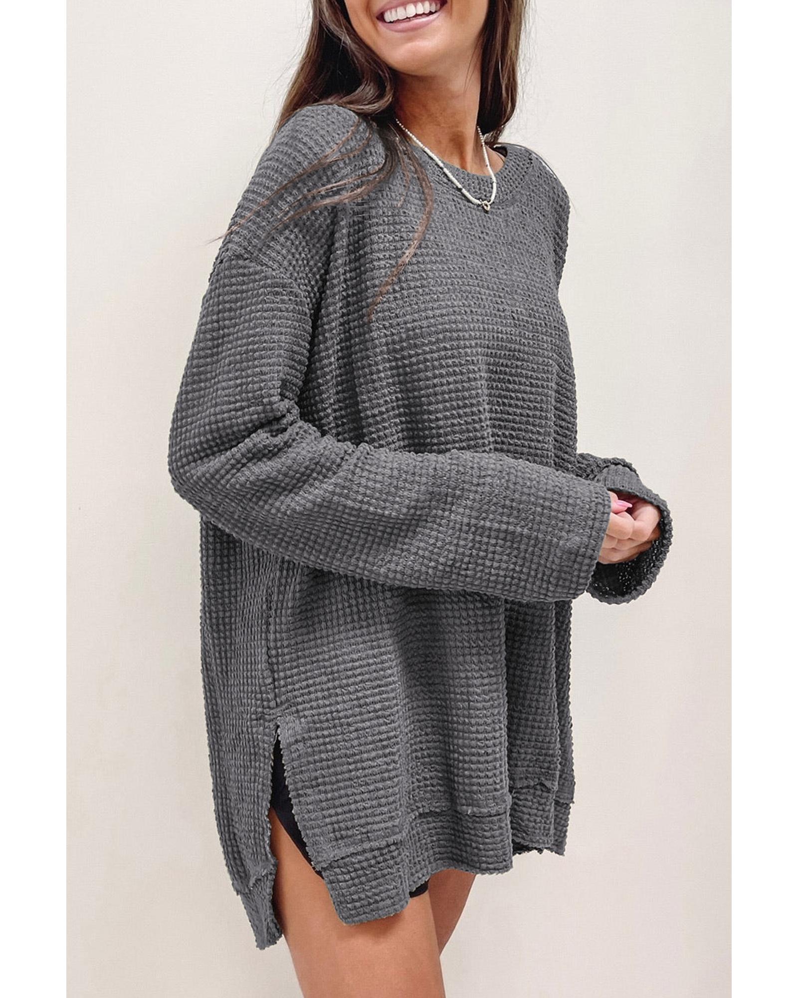 V539-AZEXDC25123199-11-S-202506112300-00 Gray Waffle Knit High Slits Oversized Top - S - Image 1