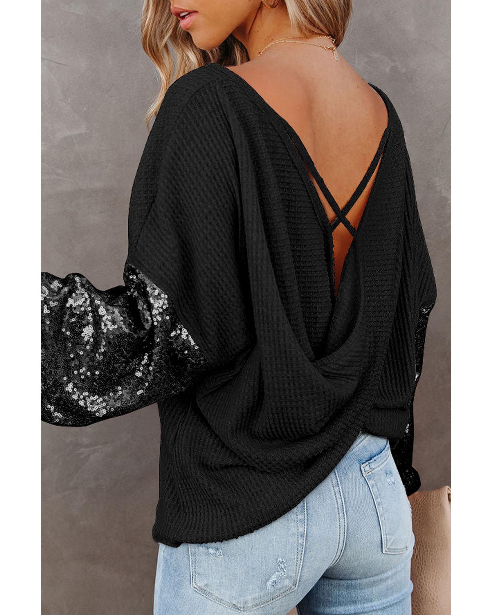 V539-AZEXDC25123326-P2-S-202506112336-00 Black Sequin Patchwork Sleeve Open Back Waffle Knit Top - S - Image 1