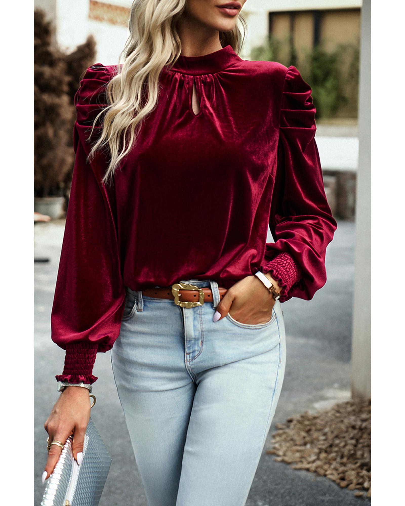 V539-AZEXDC25123529-3-S-202508272215-00 Azura Exchange Red Mock Neck Puff Sleeve Velvet Blouse - S - Image 1